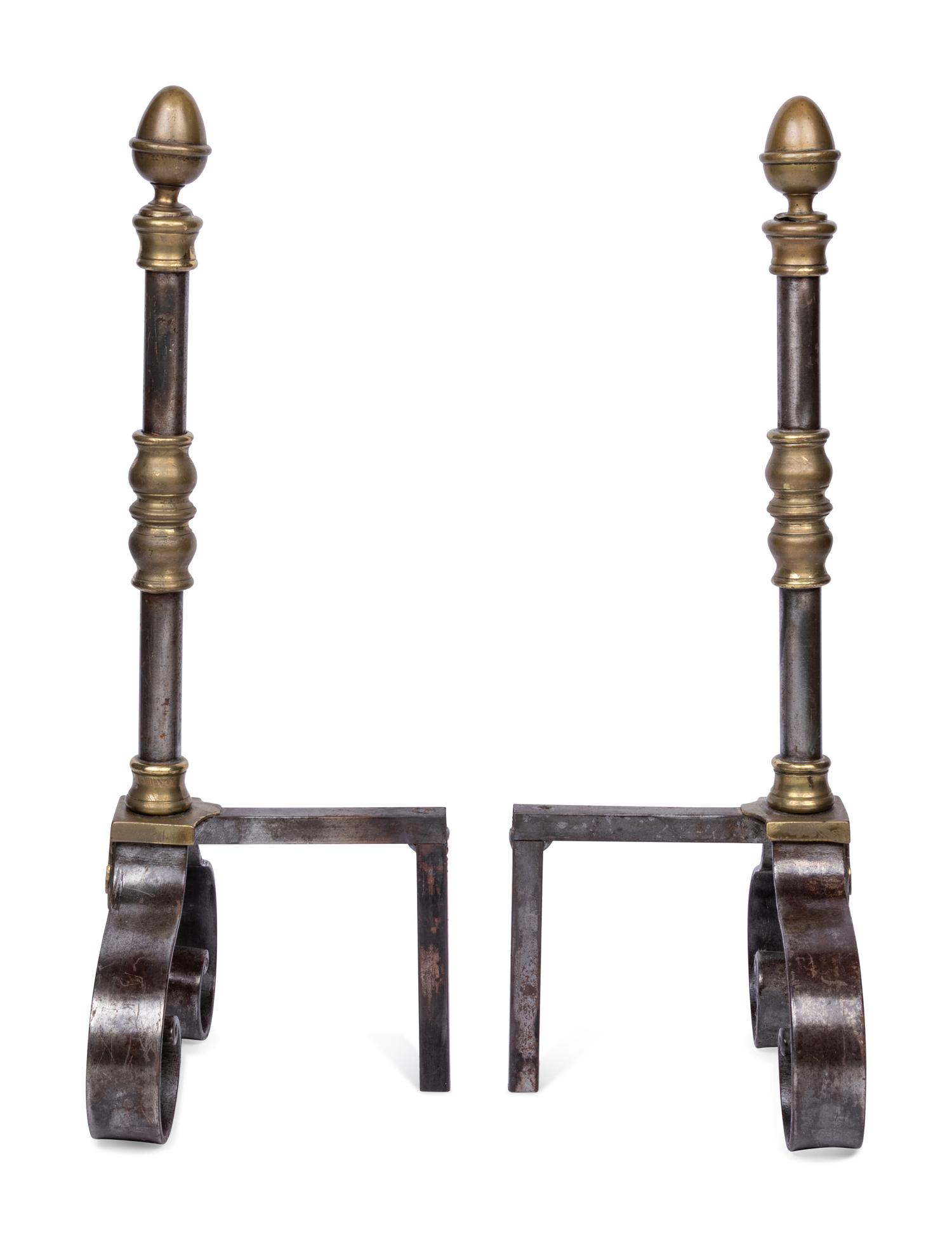 A Pair of English Brass and Steel Andirons