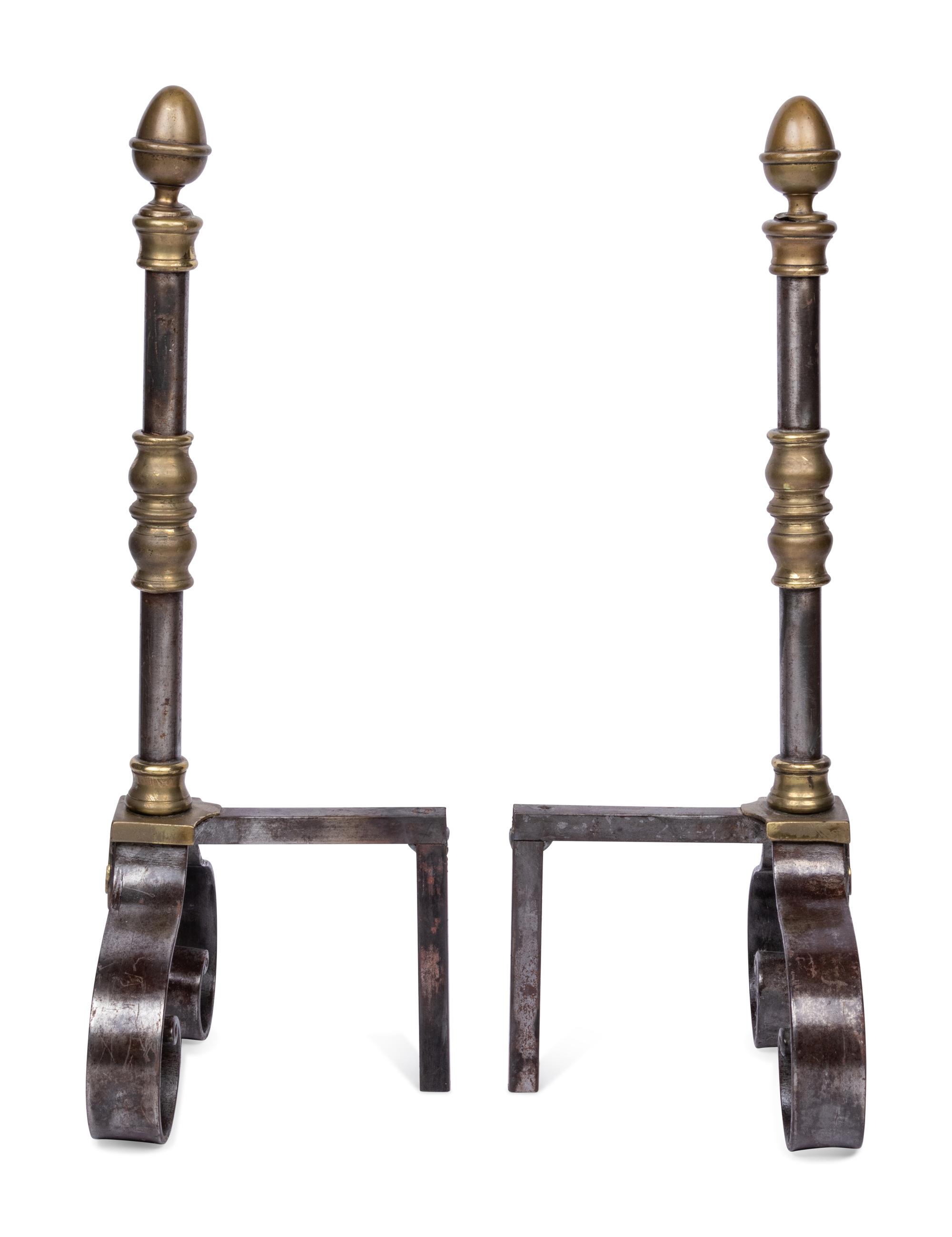 A Pair of English Brass and Steel Andirons