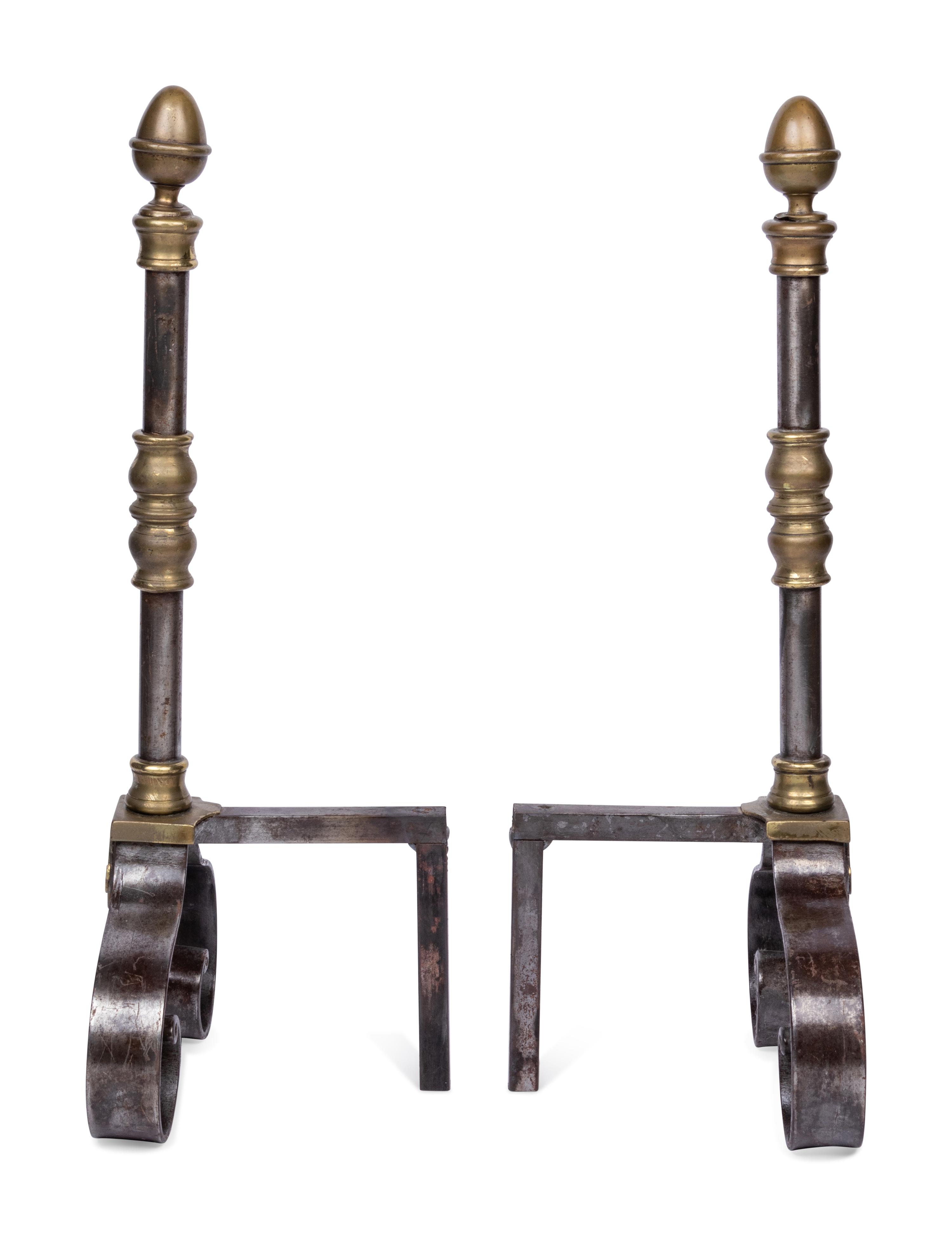 A Pair of English Brass and Steel Andirons