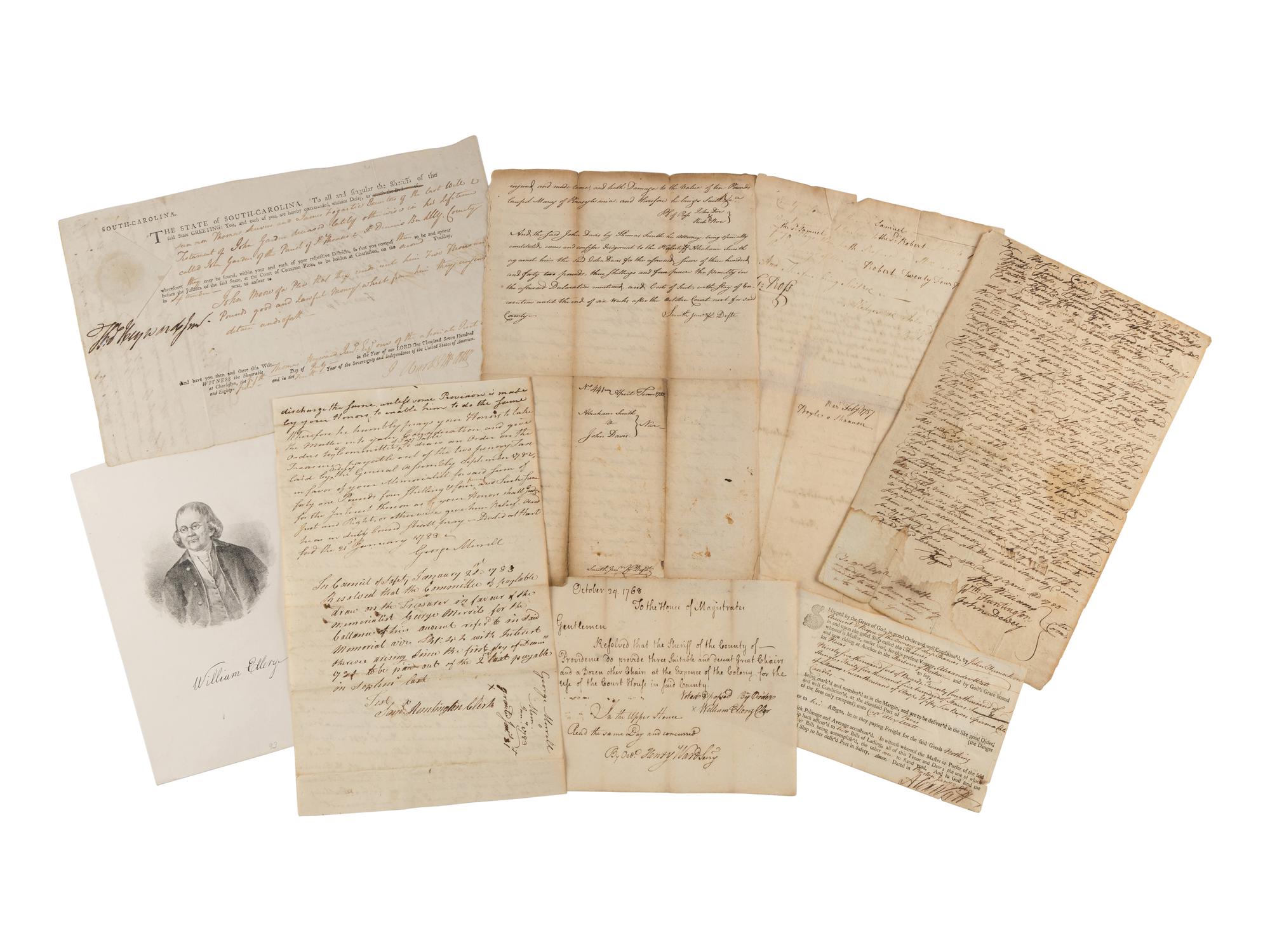 [SIGNERS OF THE DECLARATION OF INDEPENDENCE]. A group of 7 documents signed by signers of the Declaration of Independence from Rhode Island, South Carolina, Connecticut, and Pennsylvania, comprising: