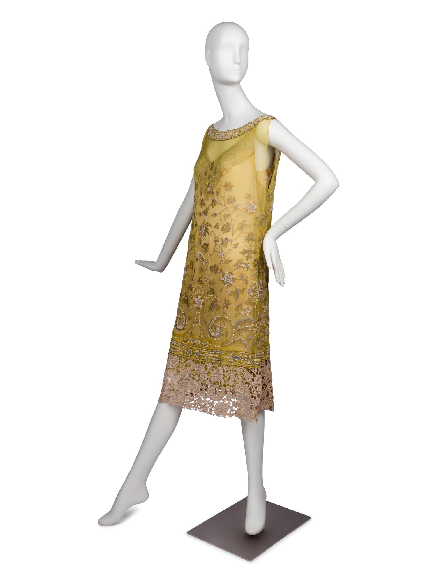 Callot Soeurs Green Silk Dress with Lace, 1920s