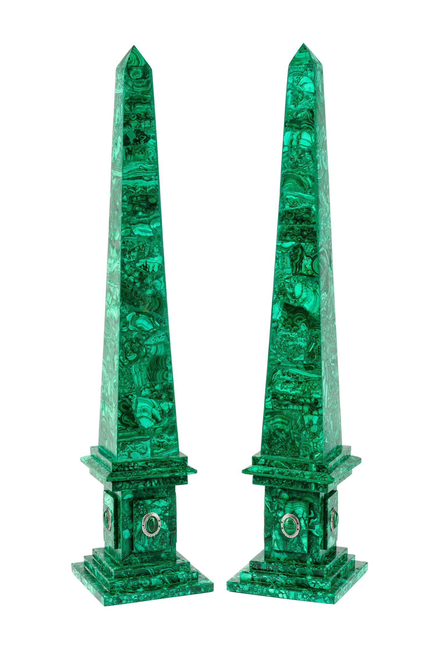 A Pair of Large Russian Malachite Veneered Obelisks