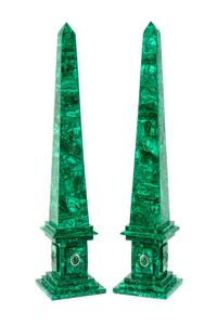 A Pair of Large Russian Malachite Veneered Obelisks