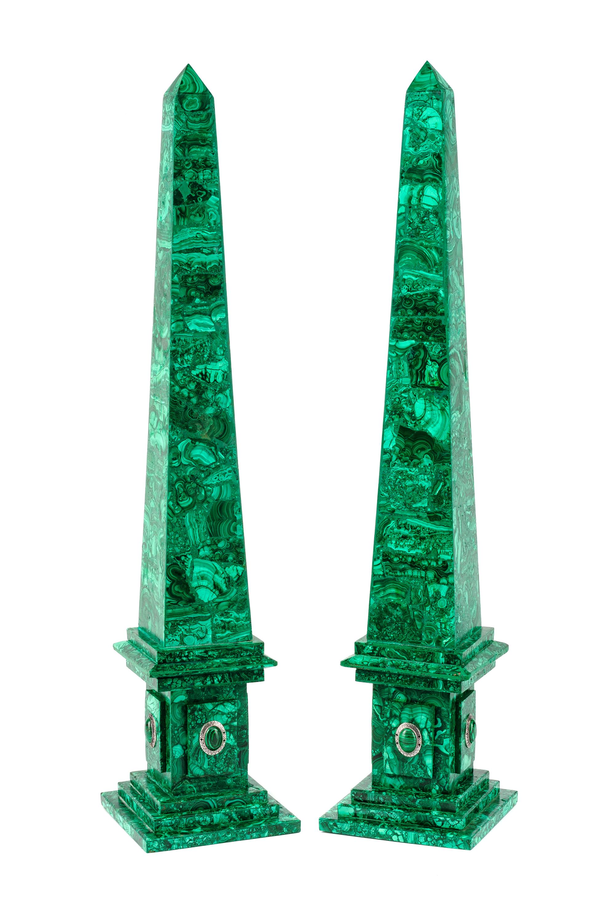 A Pair of Large Russian Malachite Veneered Obelisks