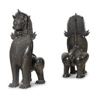 A Pair of Patinated Bronze Guardian Lions