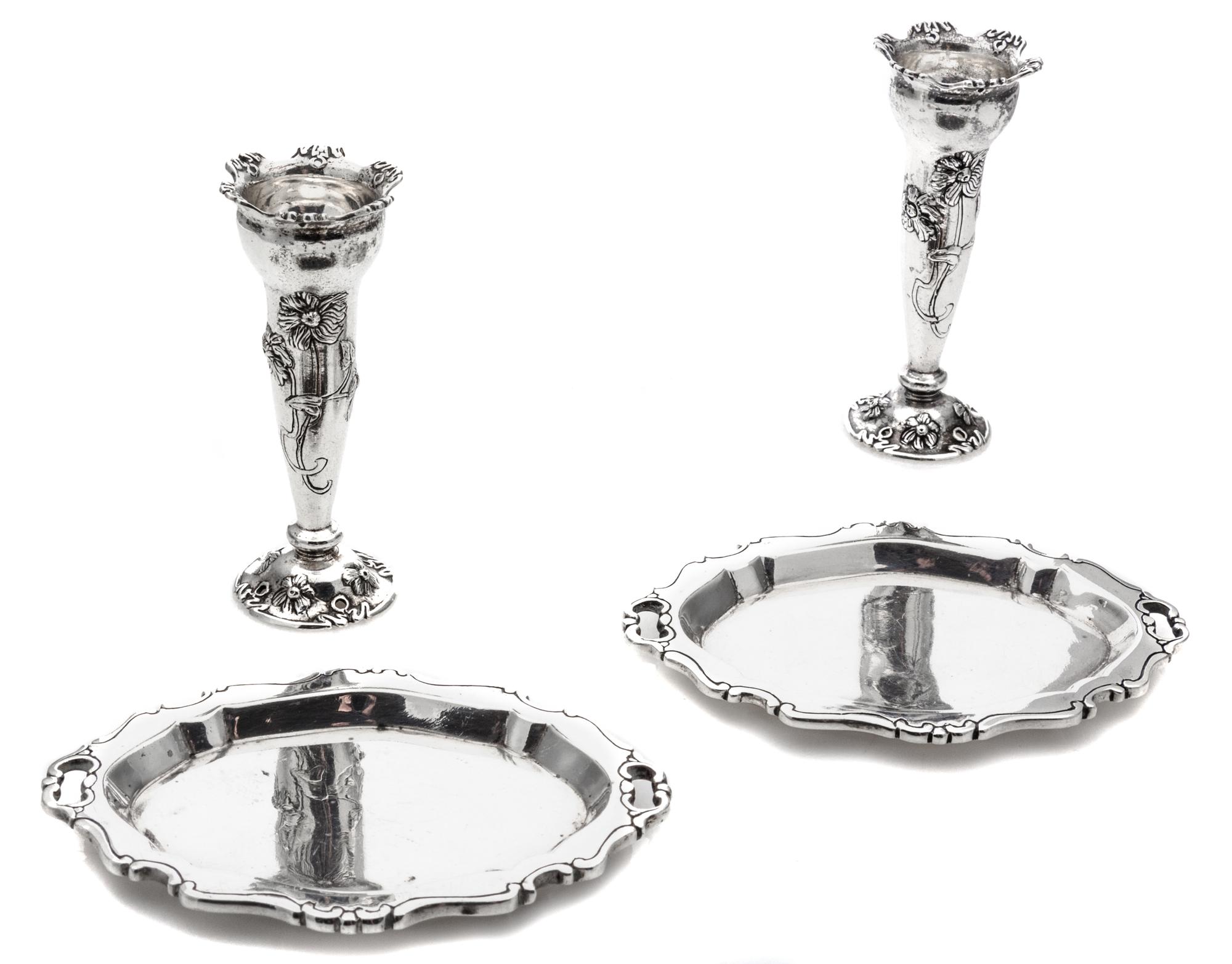 A Group of Four American Silver Table Articles, Starr, comprising a pair of vases and two oval serving trays.