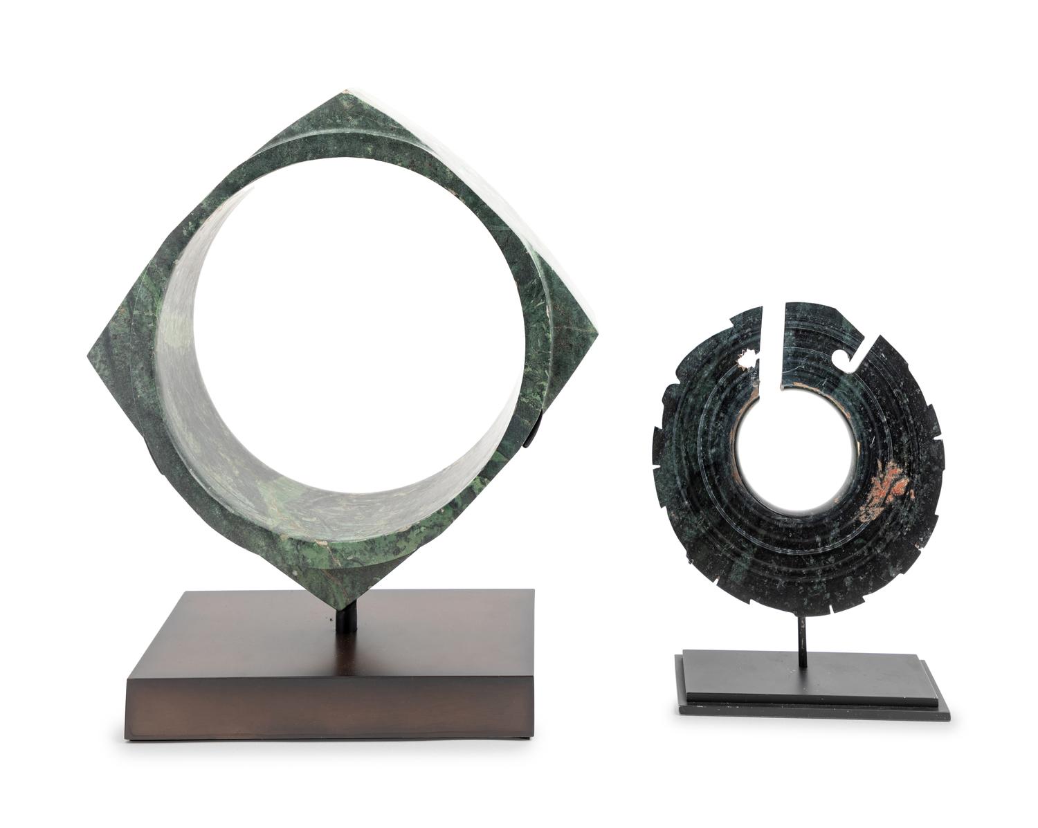 An Archaistic Carved Green Jade Bi and a Carved Green Jade Ts'ung