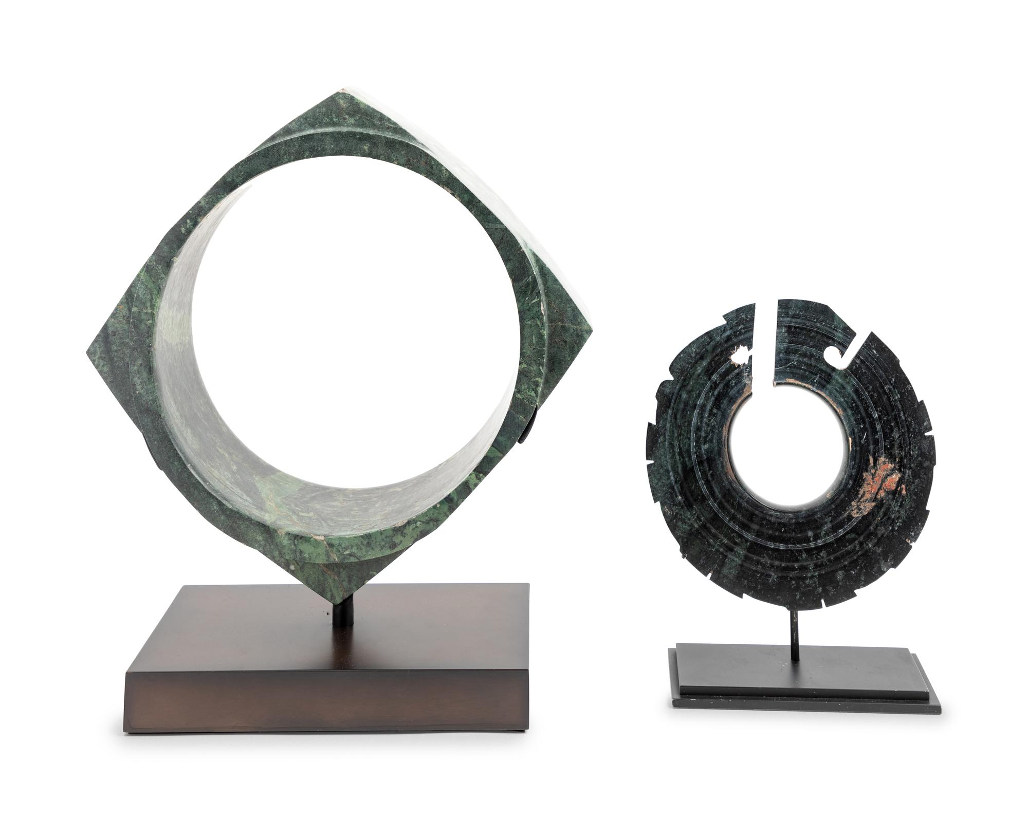 An Archaistic Carved Green Jade Bi and a Carved Green Jade Ts'ung