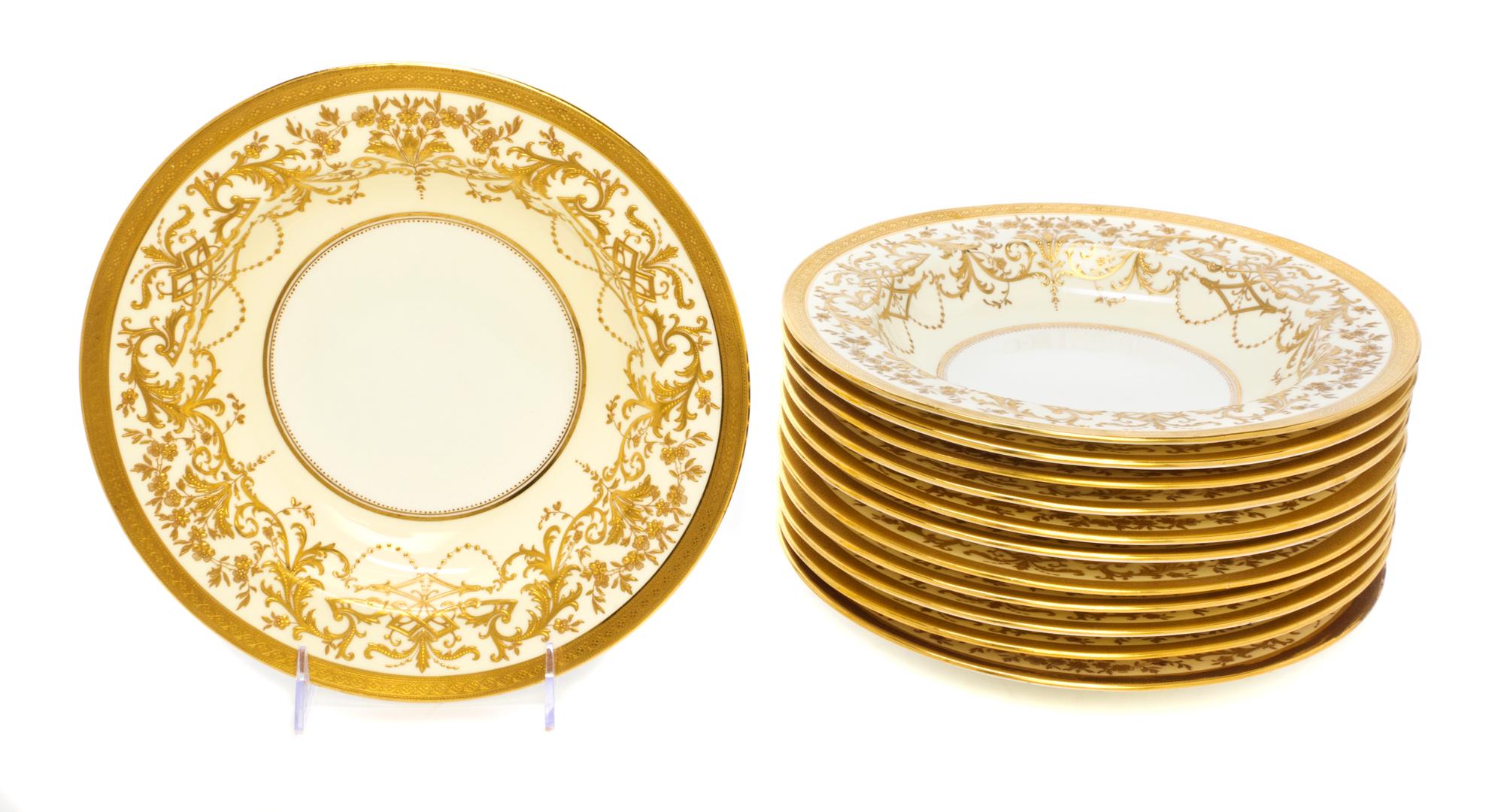 A Set of Twelve Minton Porcelain Soup Bowls, retailed by Tiffany & Co, Diameter 9 5/8 inches.