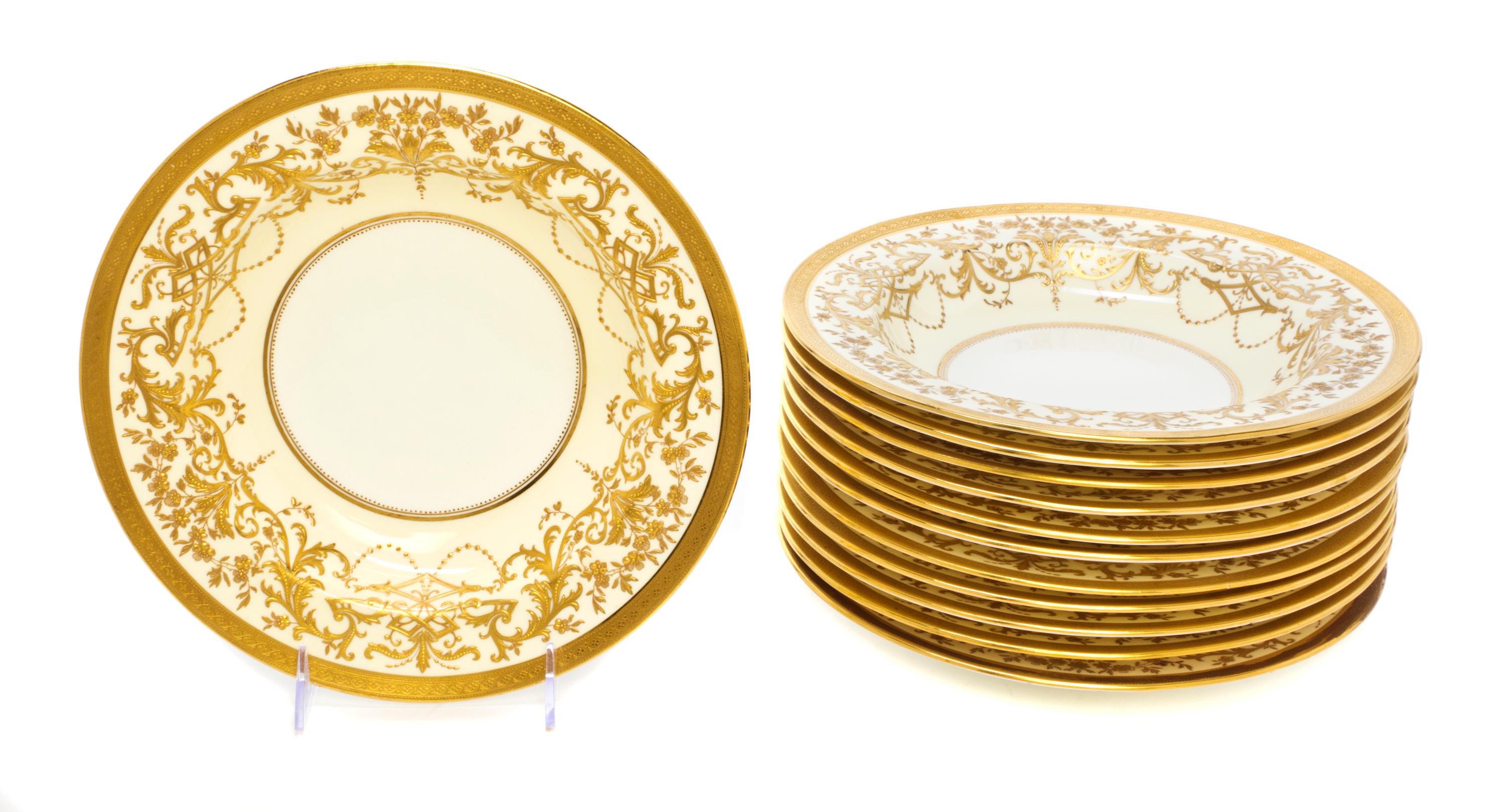 A Set of Twelve Minton Porcelain Soup Bowls, retailed by Tiffany & Co, Diameter 9 5/8 inches.