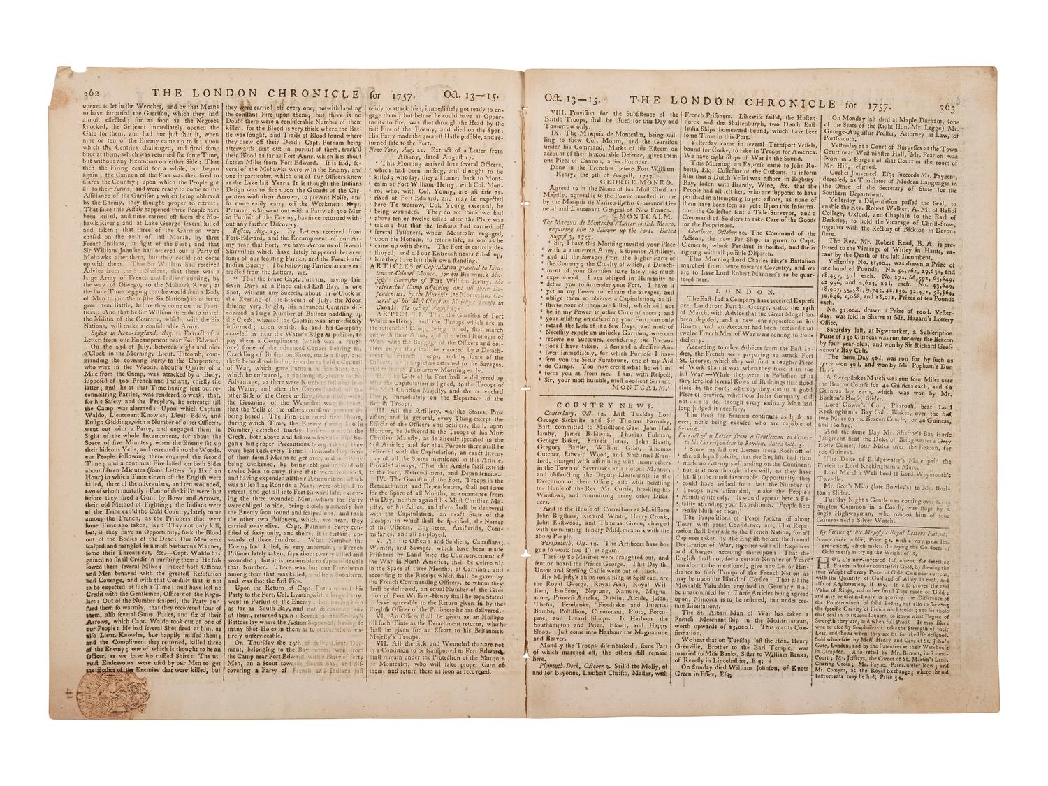 [FRENCH & INDIAN WAR]. An account of the Siege of Fort William Henry featured in the London Chronicle . London: 15 October 1757.