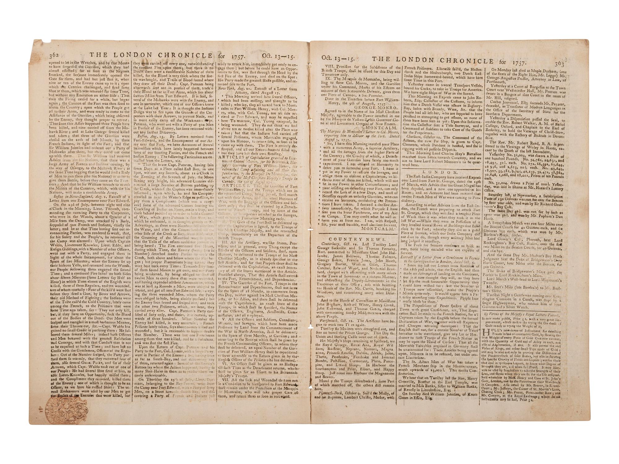 [FRENCH & INDIAN WAR]. An account of the Siege of Fort William Henry featured in the London Chronicle . London: 15 October 1757.