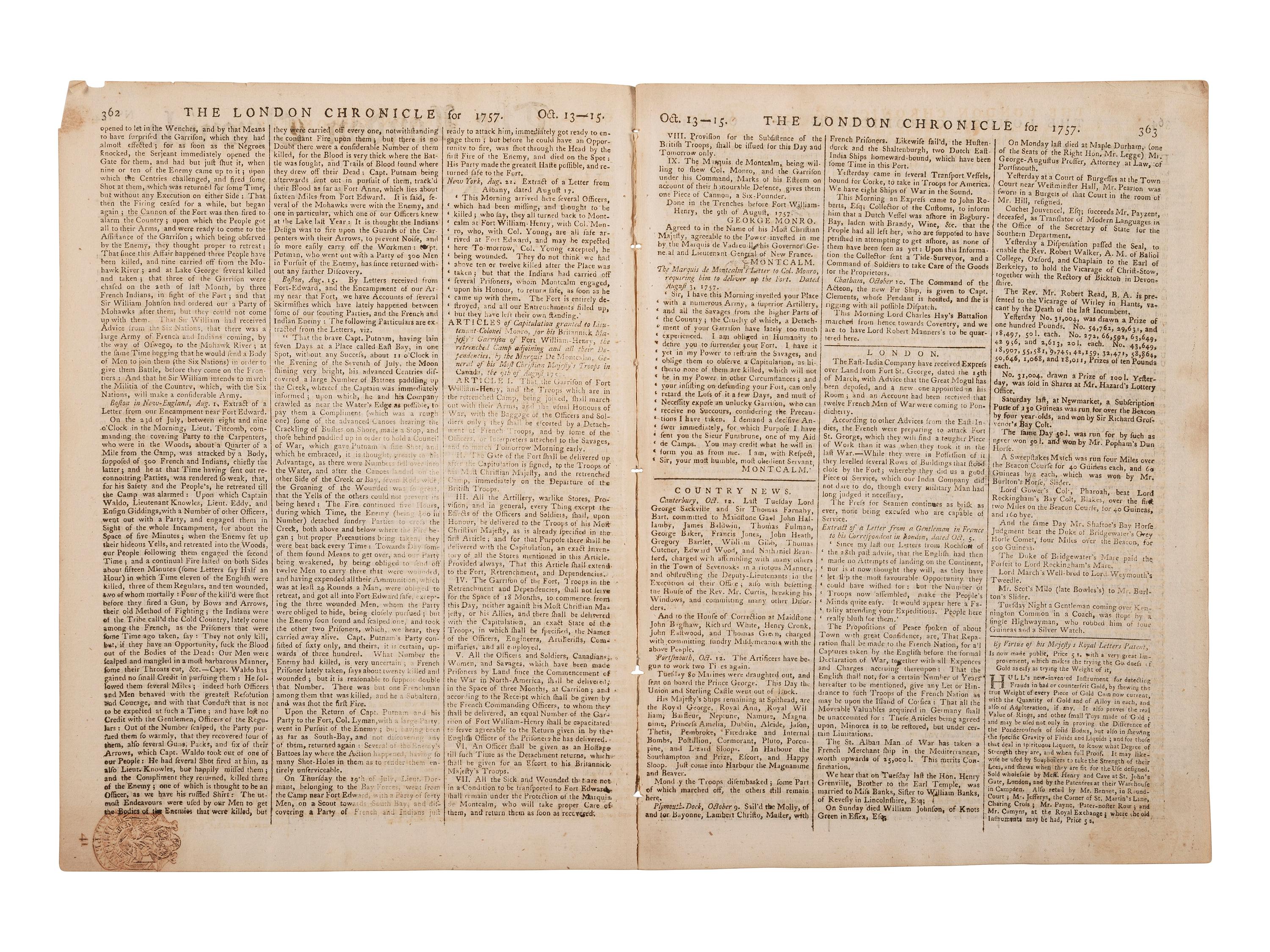 [FRENCH & INDIAN WAR]. An account of the Siege of Fort William Henry featured in the London Chronicle . London: 15 October 1757.
