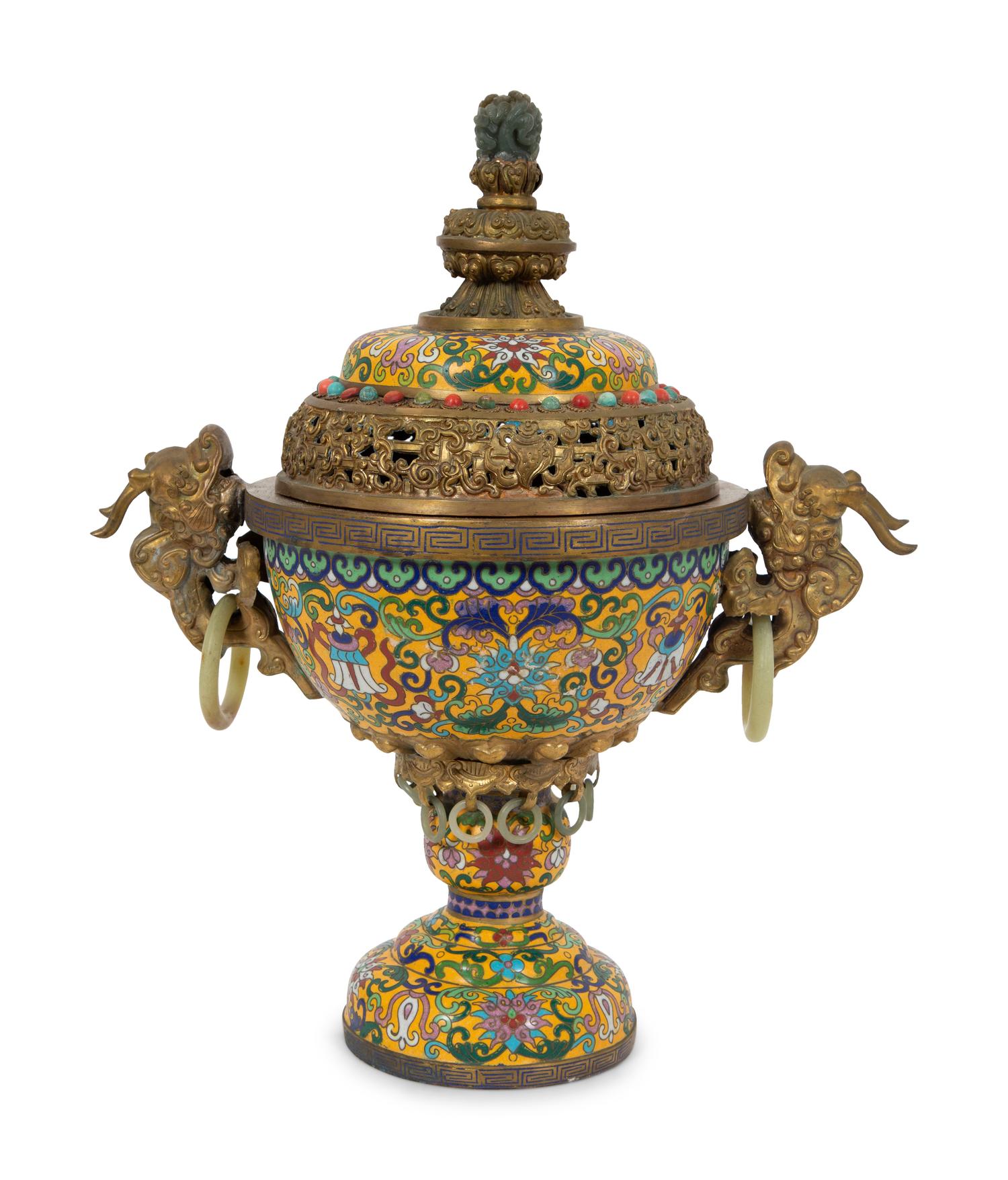 A Chinese Cloisonne Censer with Jade Ring Handles