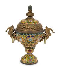 A Chinese Cloisonne Censer with Jade Ring Handles