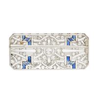 ART DECO, DIAMOND, SYNTHETIC SAPPHIRE, AND PLATINUM BROOCH