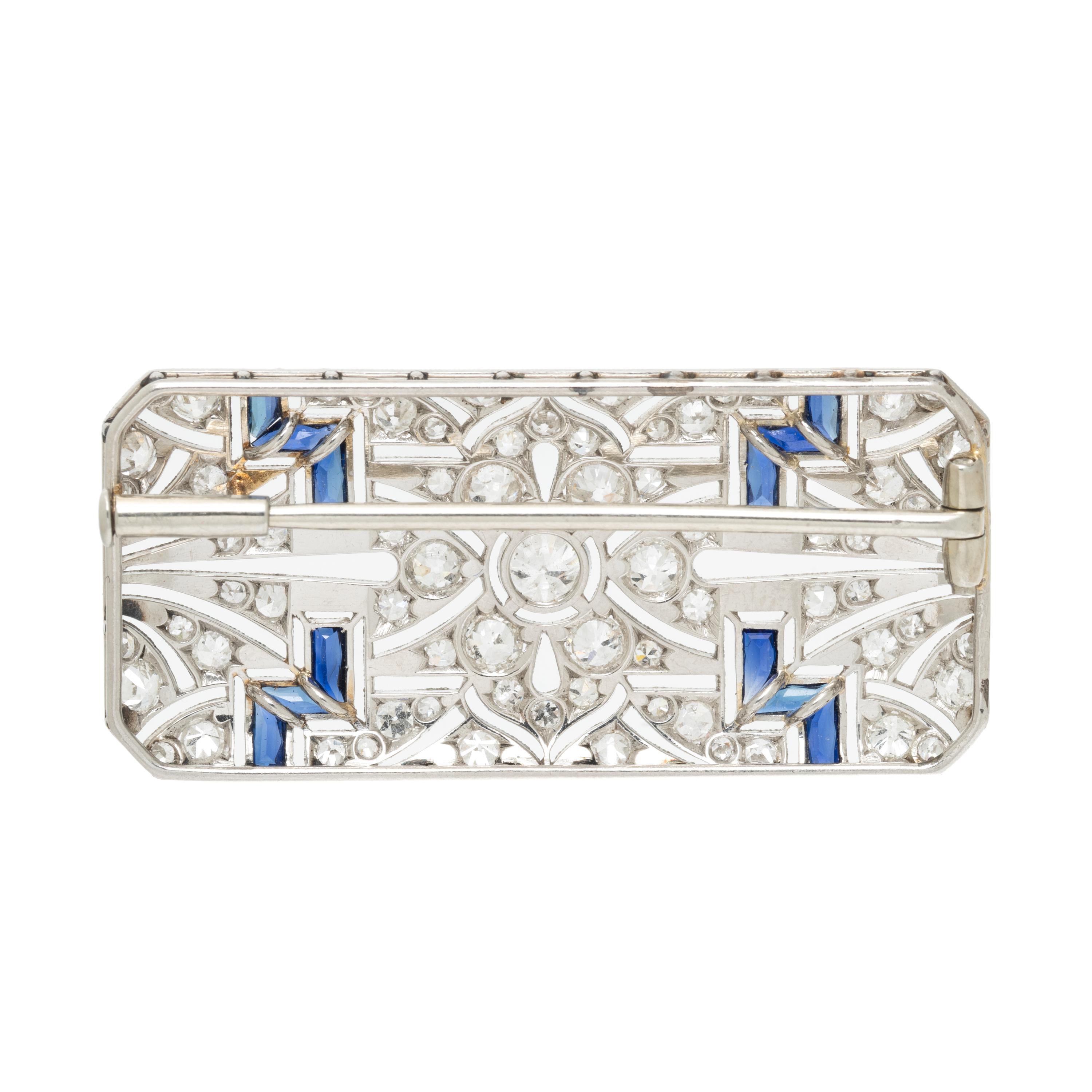 ART DECO, DIAMOND, SYNTHETIC SAPPHIRE, AND PLATINUM BROOCH
