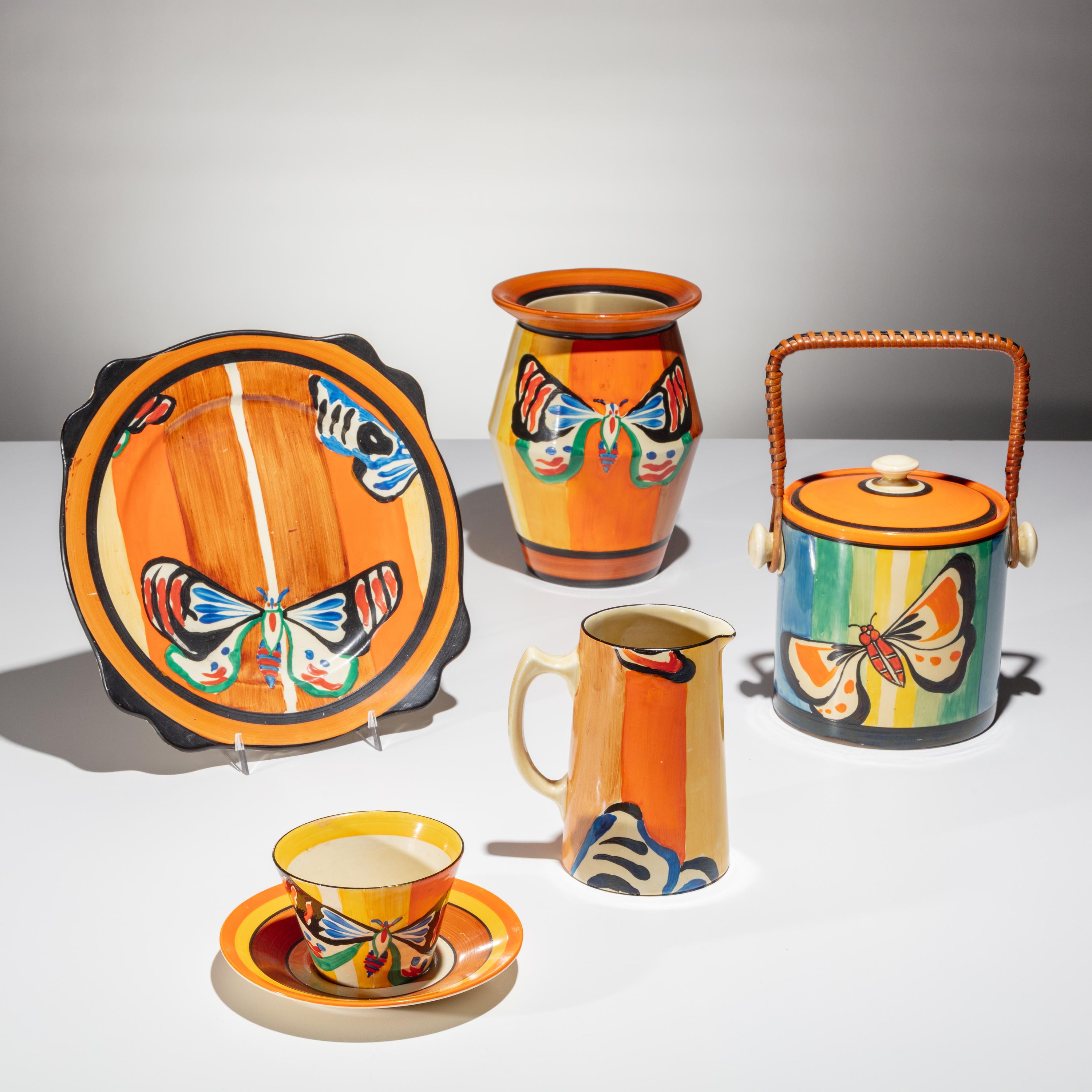 Clarice Cliff (English, 1899–1972) — Butterfly pattern, 5 pieces