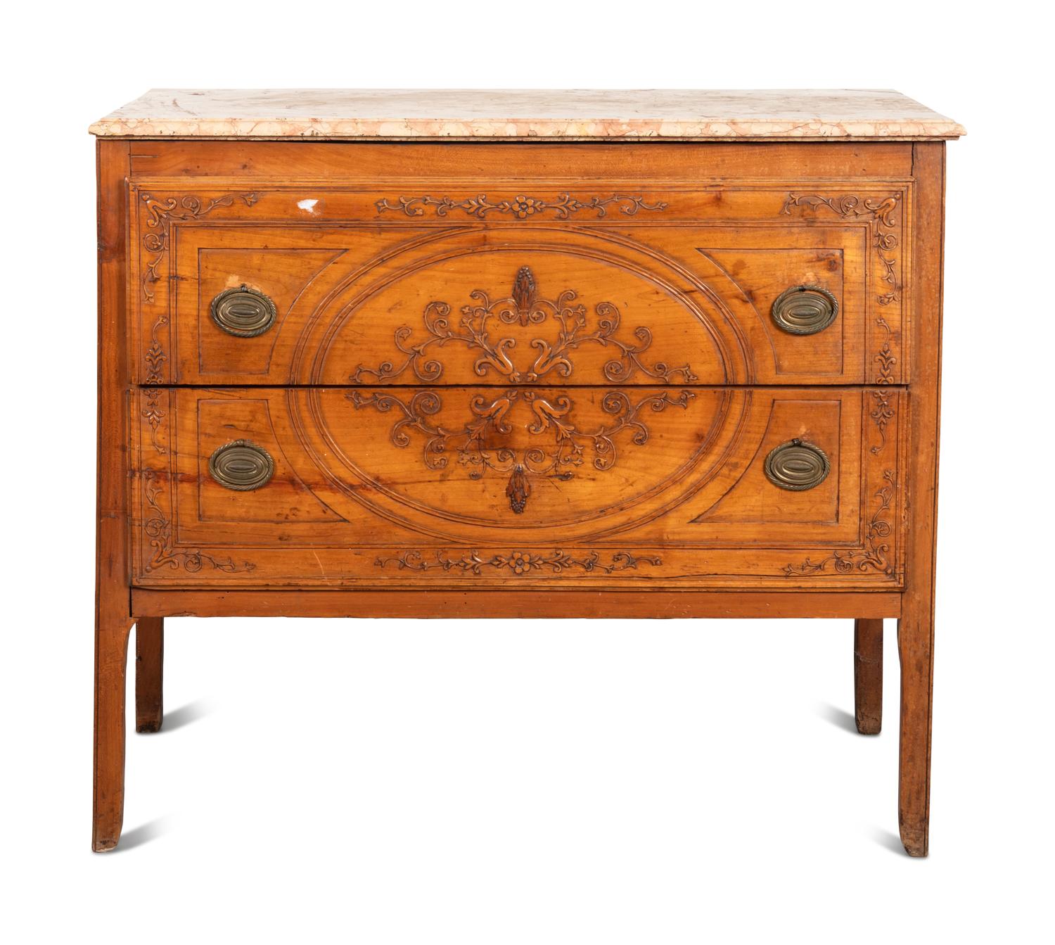 An Italian Carved Fruitwood Marble-Top Commode