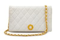 A Chanel White Lambskin Flap Clutch/Bag, 7" H x 10" W x 2" D; Strap drop: 17".