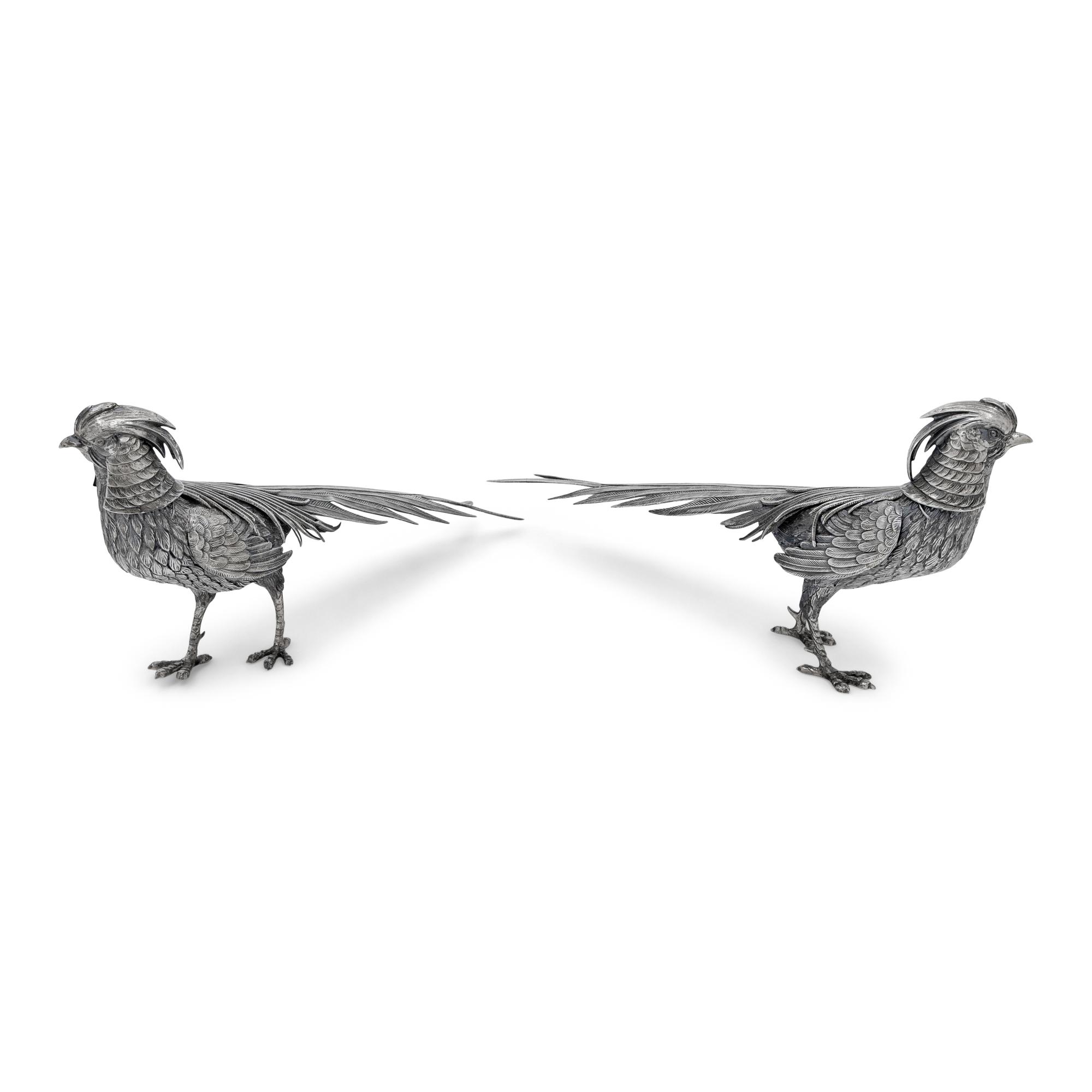 A Pair of Spanish Silver Pheasant Table Ornaments