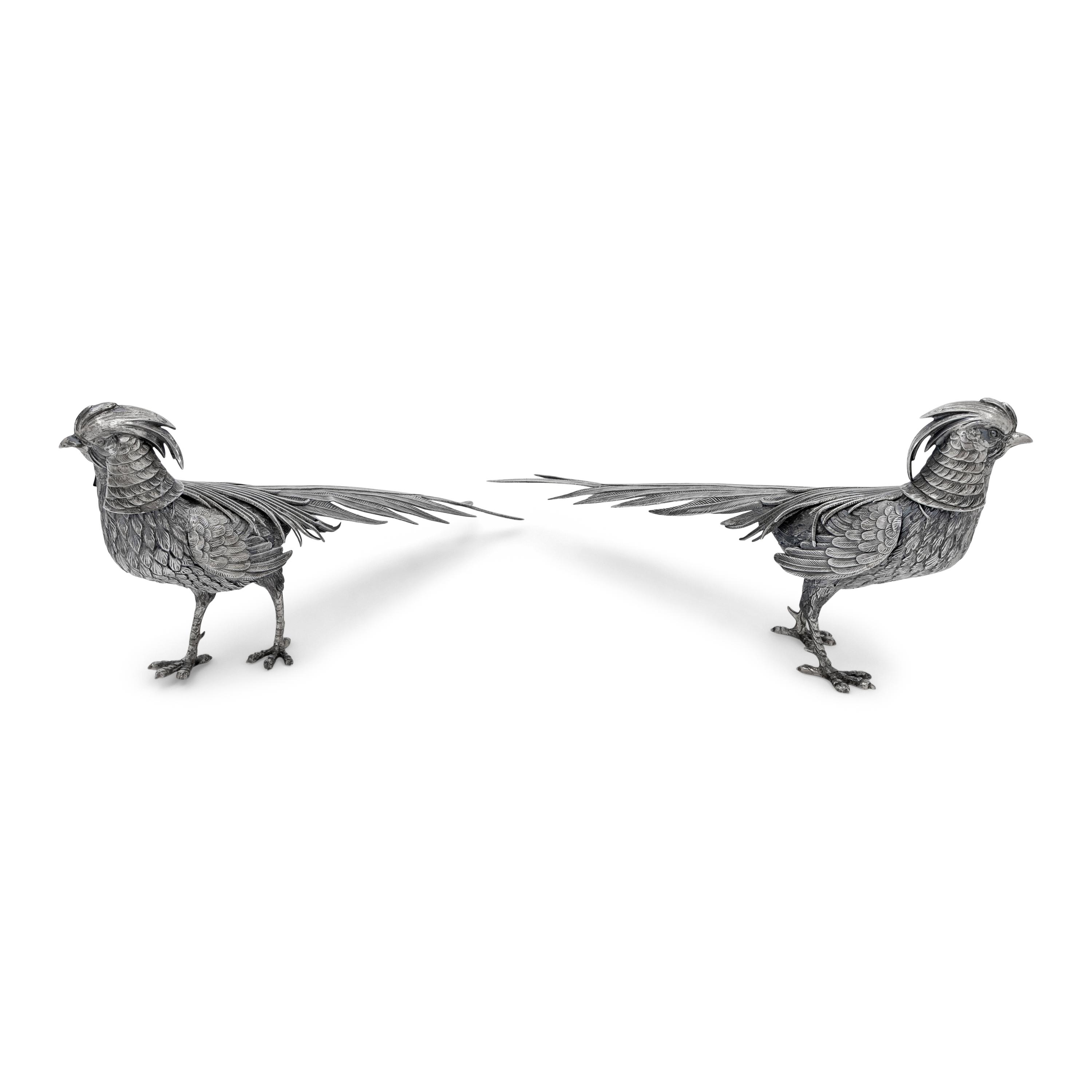 A Pair of Spanish Silver Pheasant Table Ornaments
