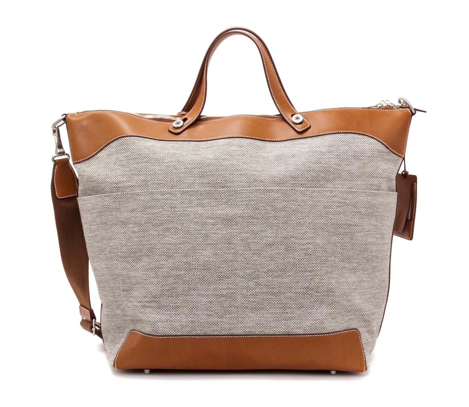 An Hermes Ecru Canvas and Fawn Barenia Calfskin Caleche-Express Medium Tote, 15.3" 14.1" 7.8".