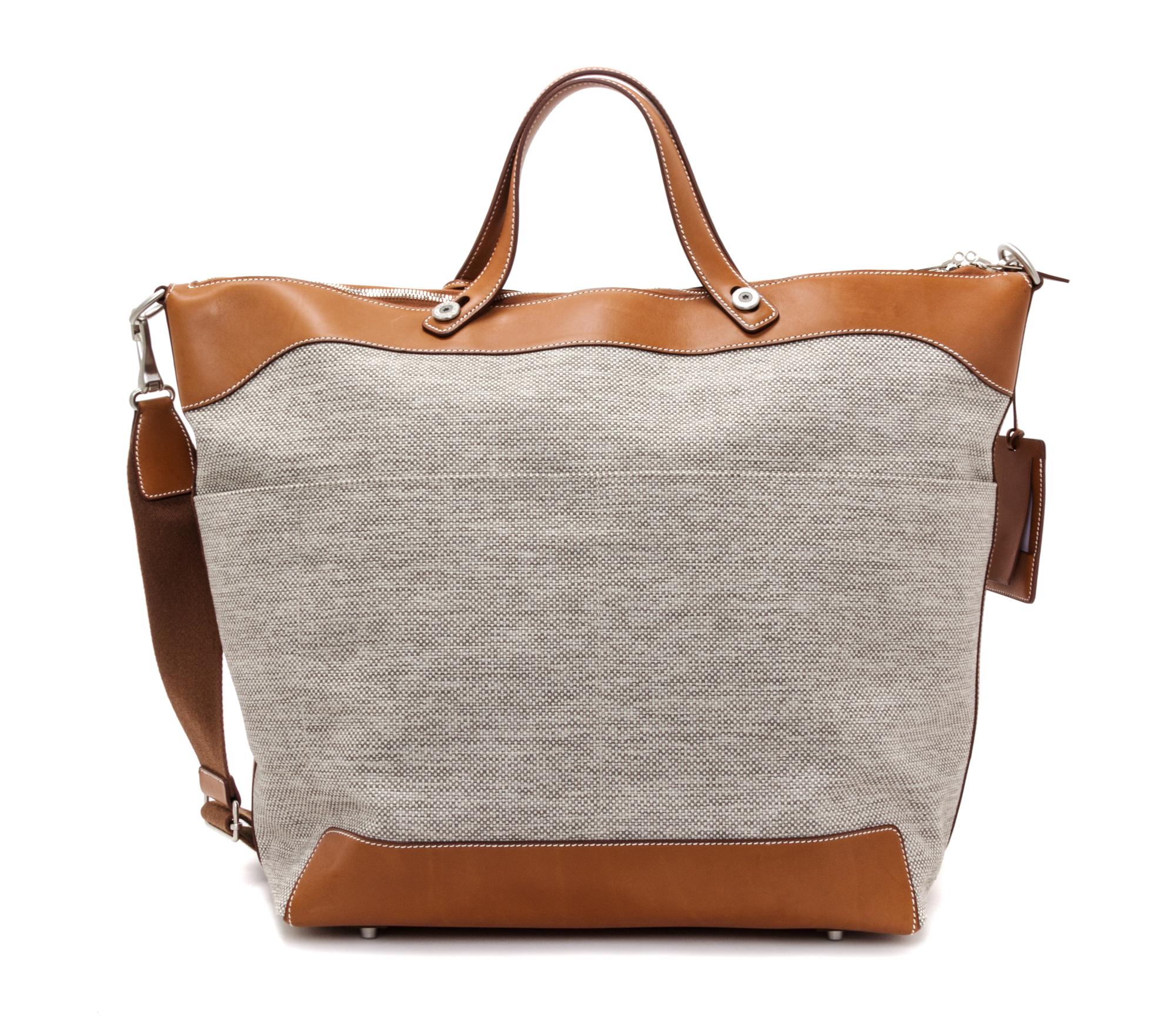 An Hermes Ecru Canvas and Fawn Barenia Calfskin Caleche-Express Medium Tote, 15.3" 14.1" 7.8".