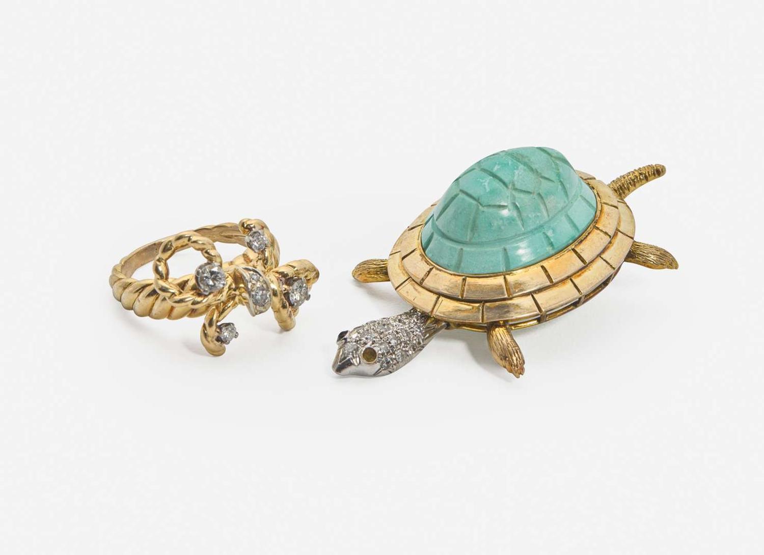 A Gold and Gemstone Turtle Pin and Diamond Ring
