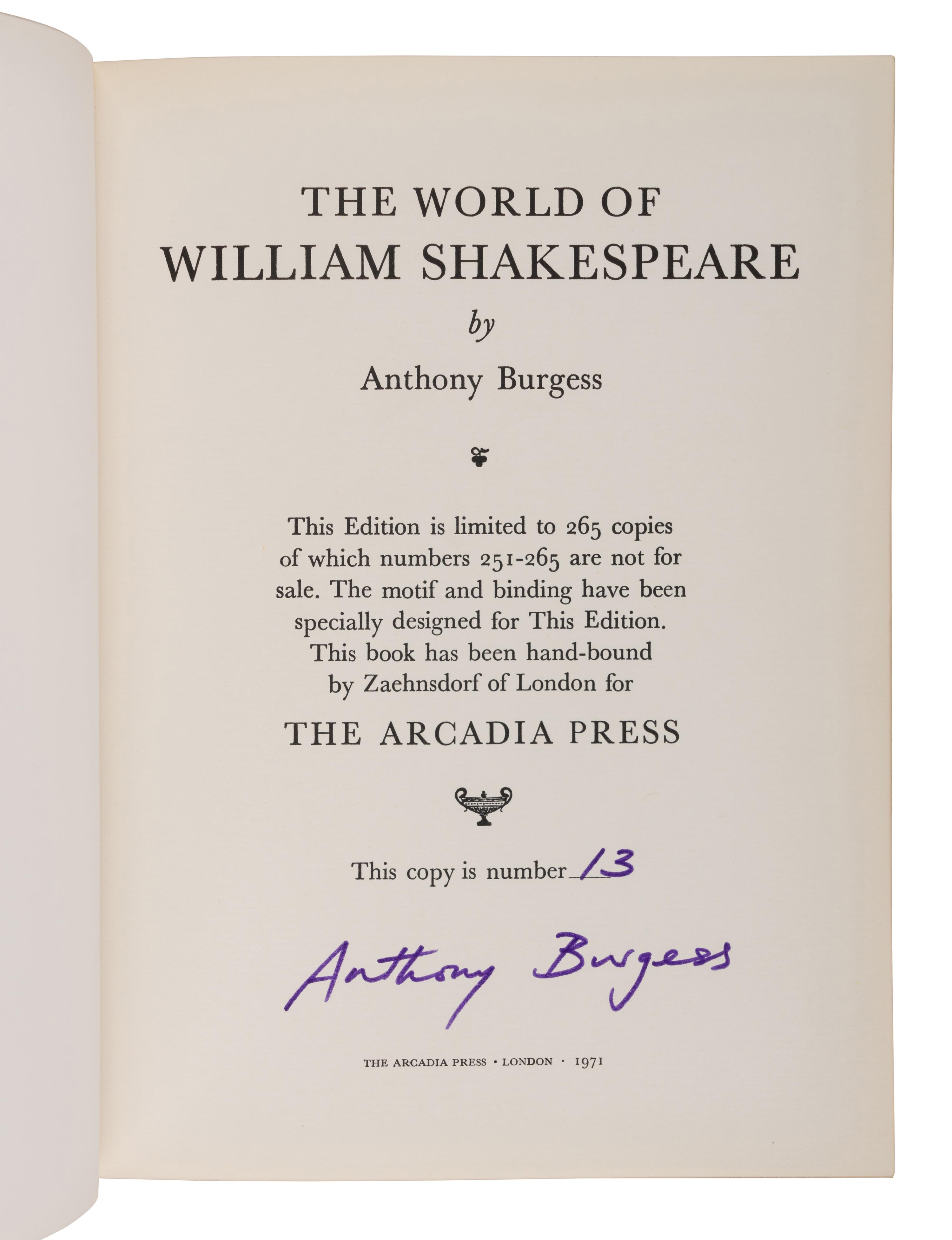 [BINDINGS]. BURGESS, Anthony (1917-1993). The World of William Shakespeare. London: The Arcadia Press, 1971.