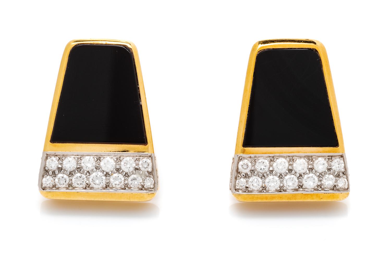 A Pair of 18 Karat Yellow Gold, Platinum, Diamond and Onyx Earclips, 10.60 dwts.