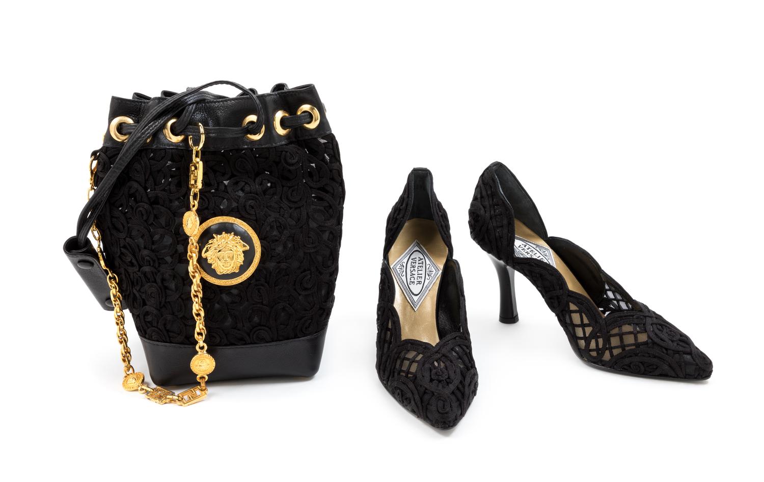 Gianni Versace Drawstring Handbag with a Pair Sheer Heels, 1990s