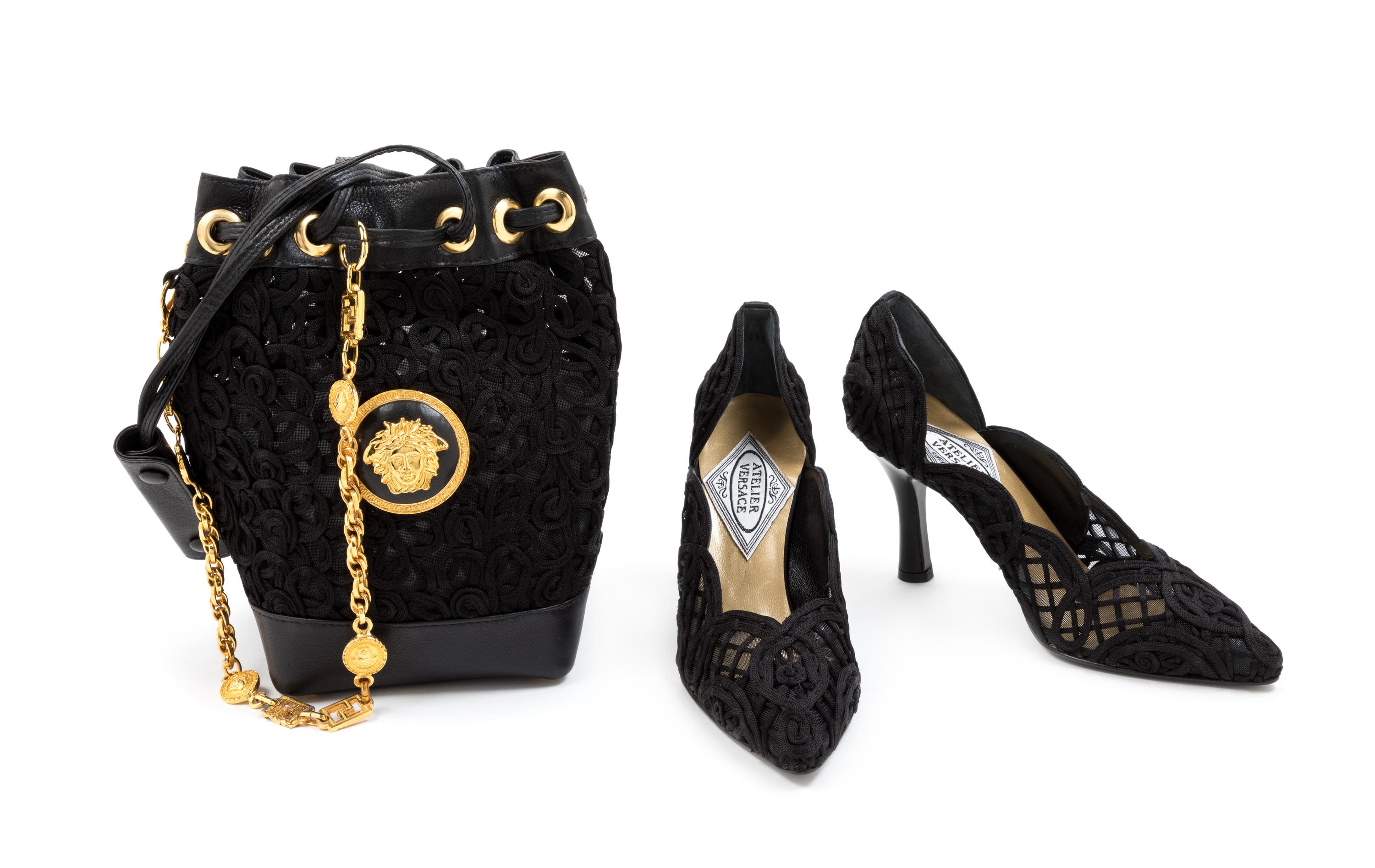 Gianni Versace Drawstring Handbag with a Pair Sheer Heels, 1990s