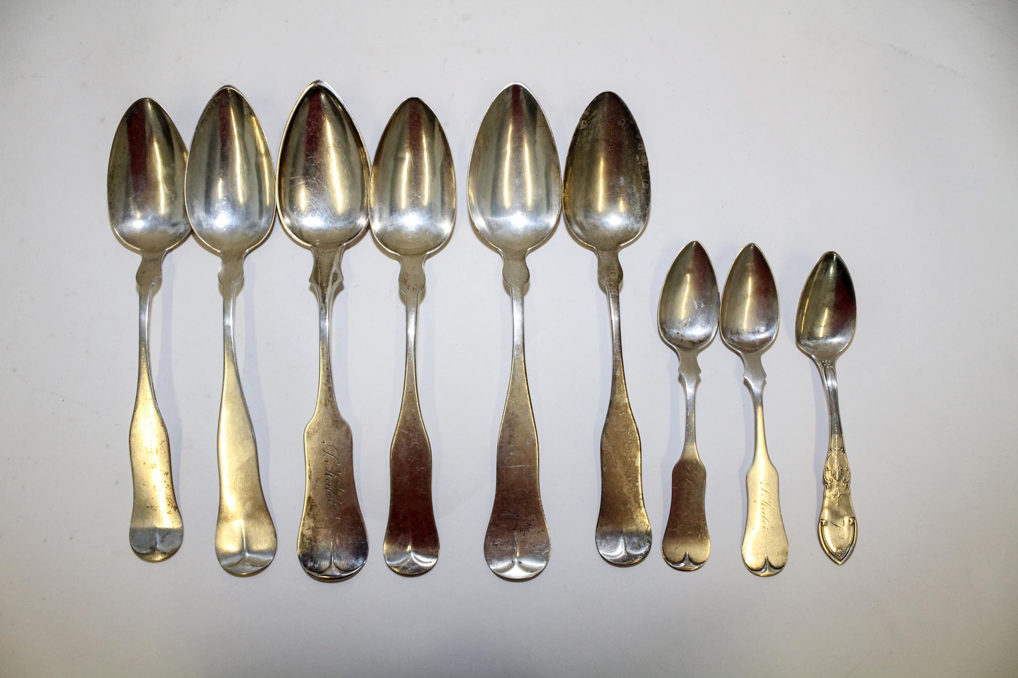 A Collection of American Silver Flatware, various makers, 19th Century, each having a fiddle-form handle and comprising a pair of table