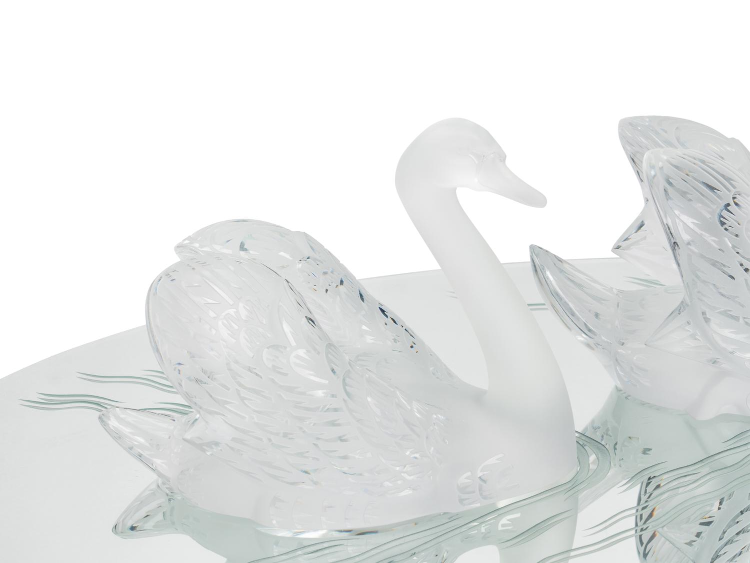 A Pair of Lalique Miroir Cygnes Sculptures and Mirror Plateau
