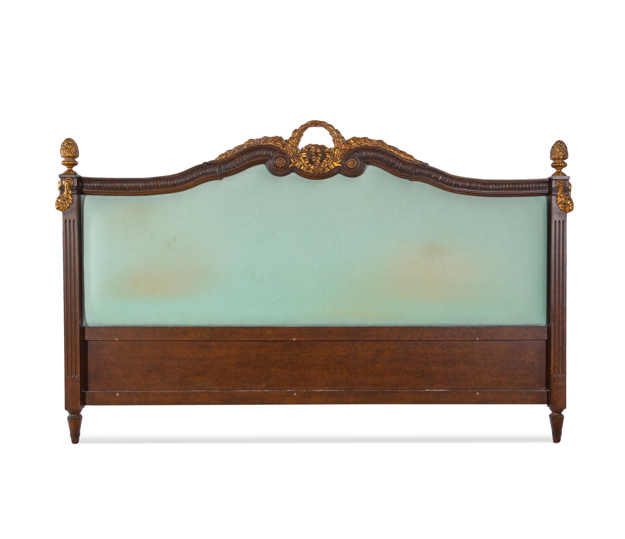 An Empire Style Parcel Gilt Walnut Headboard and Baldachin with Silk Drapery and Passementerie