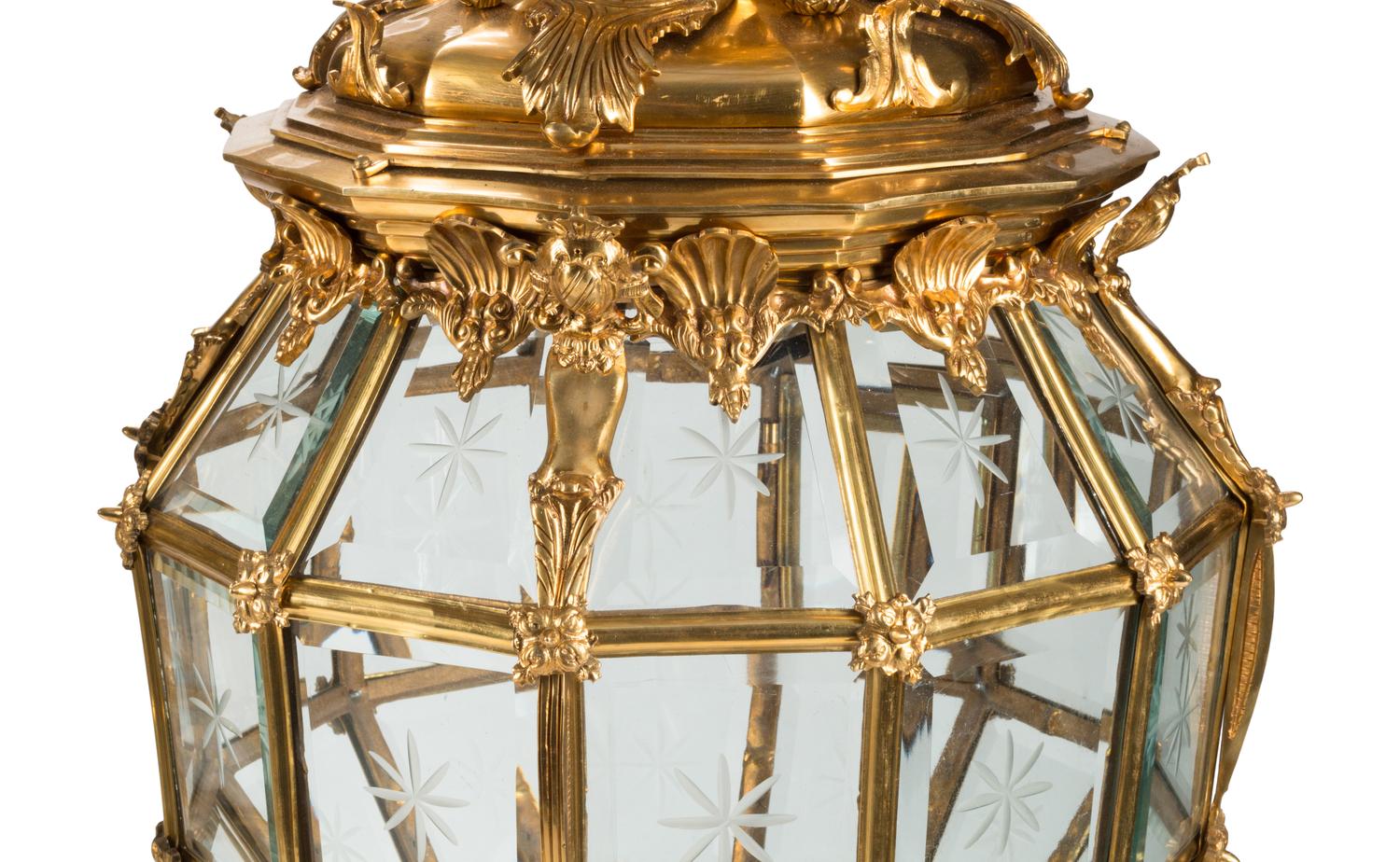 A Pair of French Neoclassical Style Gilt Bronze and Etched Glass Hall Lanterns