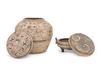 A Pair of Chinese Painted Pottery Round Boxes, together with Two Chinese Painted Pottery Vessels