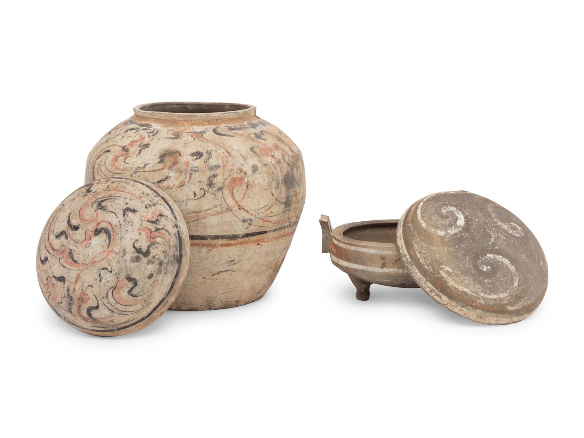 A Pair of Chinese Painted Pottery Round Boxes, together with Two Chinese Painted Pottery Vessels