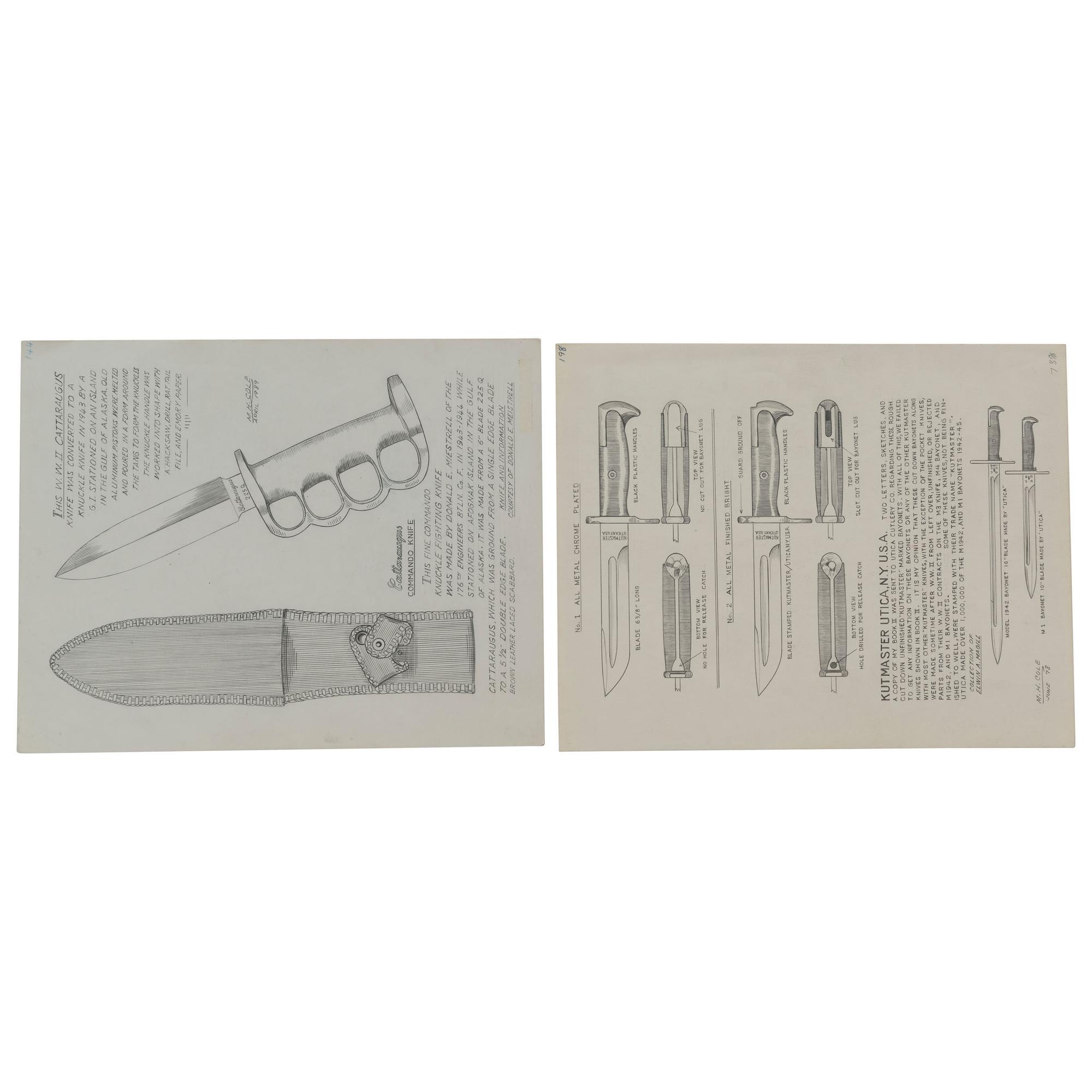 M.H. Cole Fighting Knife Archive with Two Cole Made Knives & Scabbards, Original Book Manuscript Drawings From Volumes III and IV as well as Additional Pre-Publication Paperwork