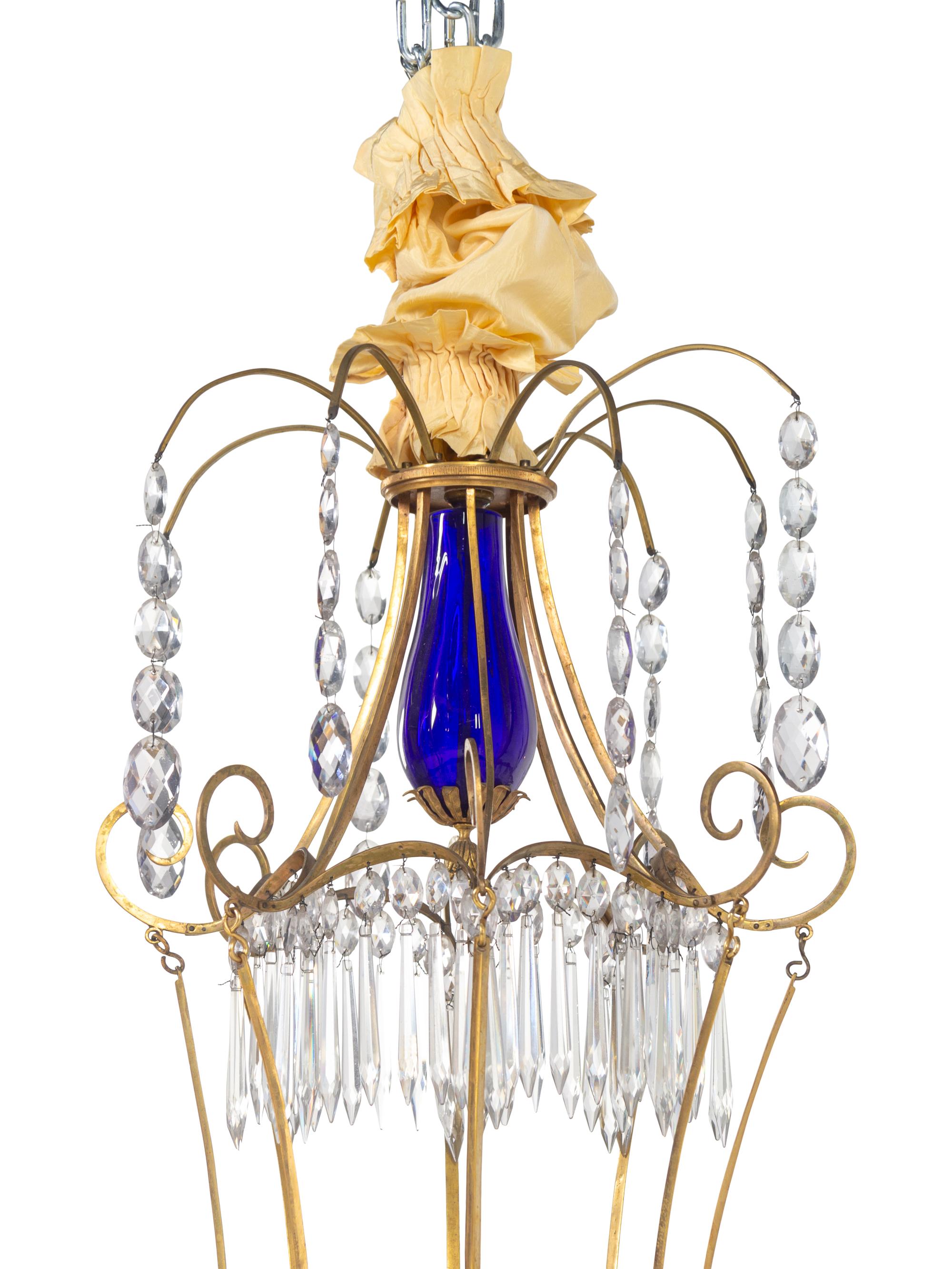 A Swedish Neoclassical Gilt Bronze, Cobalt and Colorless Glass Chandelier