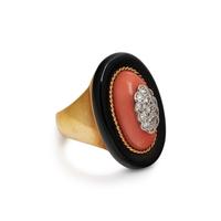 DIAMOND, CORAL, AND ONYX RING