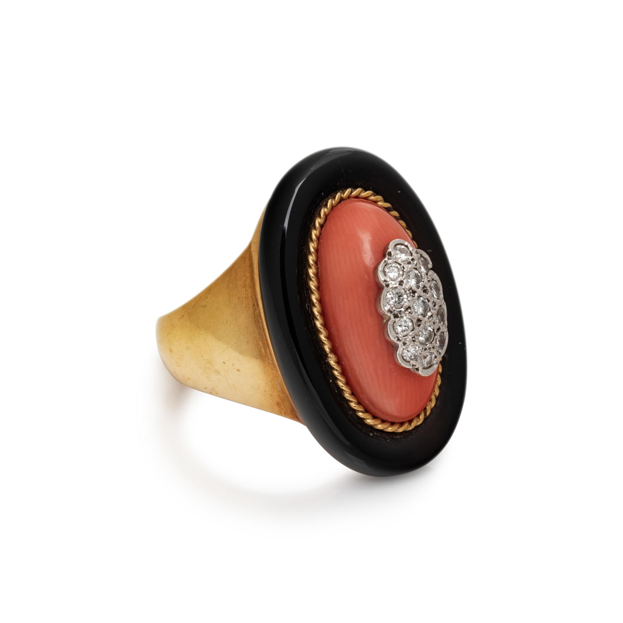 DIAMOND, CORAL, AND ONYX RING