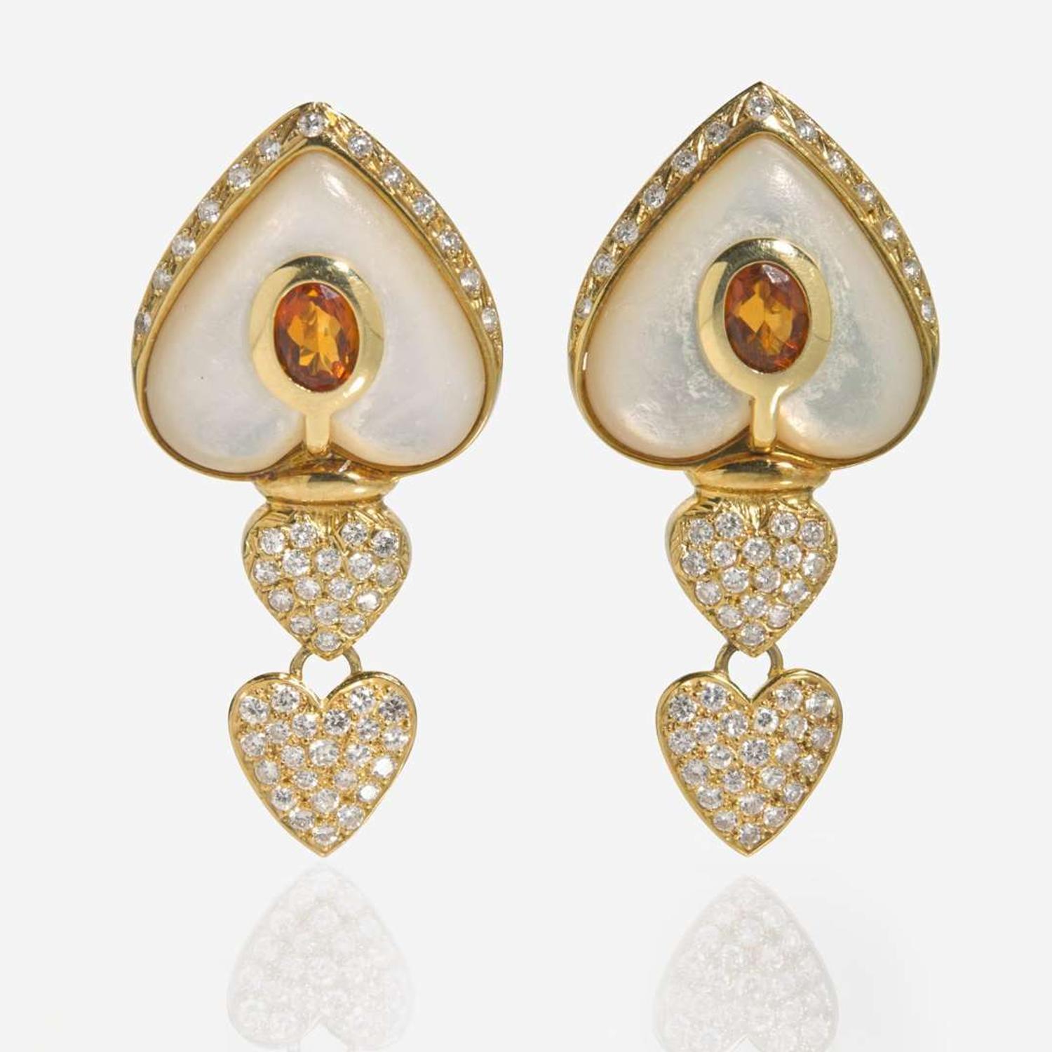 A Pair of Mother of Pearl, Diamond, and Citrine Earrings