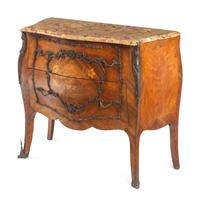 A Louis XV Style Gilt Bronze-Mounted Marquetry Marble-Top Commode