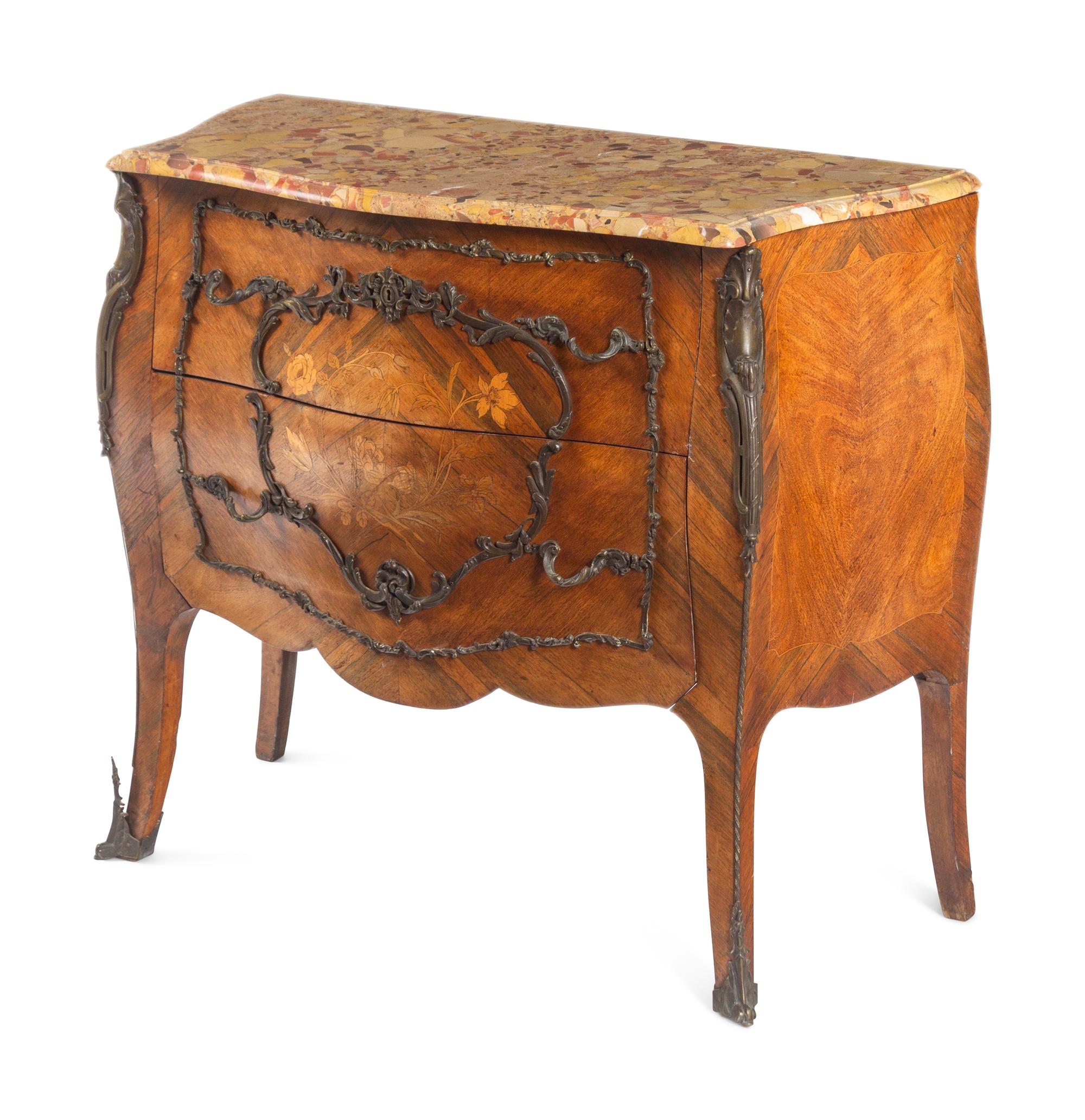 A Louis XV Style Gilt Bronze-Mounted Marquetry Marble-Top Commode