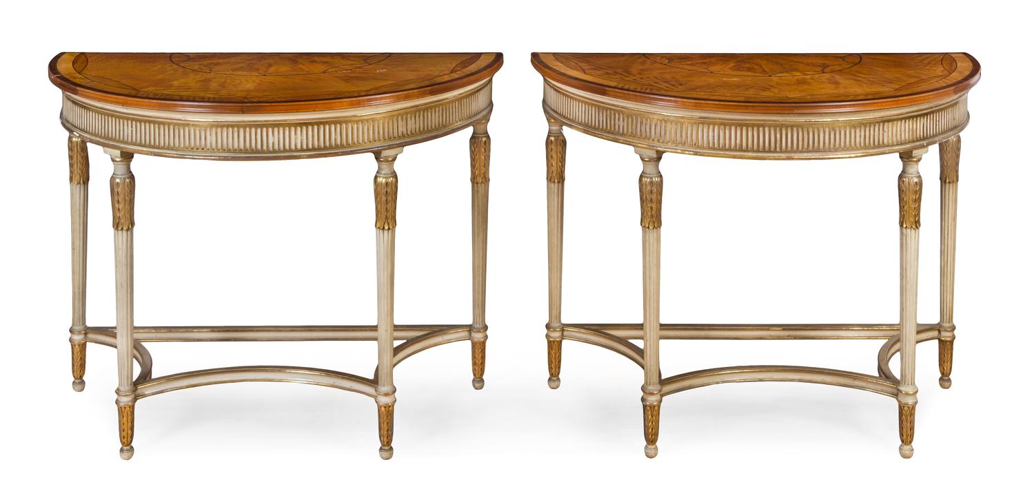 A Pair of George III Style Painted and Parcel Gilt Pier Tables Height 35 x width 45 x depth 23 inches. — LATE 19TH/EARLY 20TH CENTURY