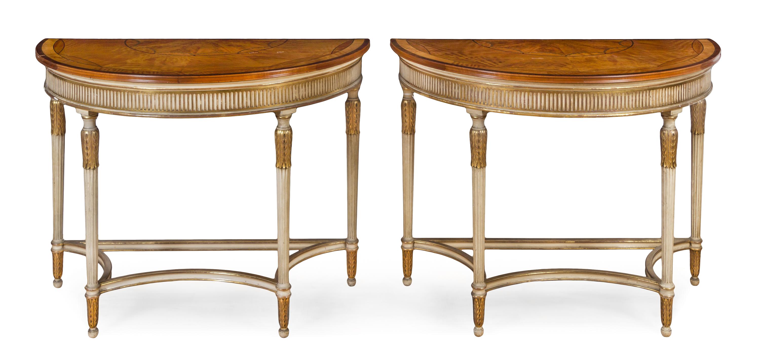 A Pair of George III Style Painted and Parcel Gilt Pier Tables Height 35 x width 45 x depth 23 inches. — LATE 19TH/EARLY 20TH CENTURY