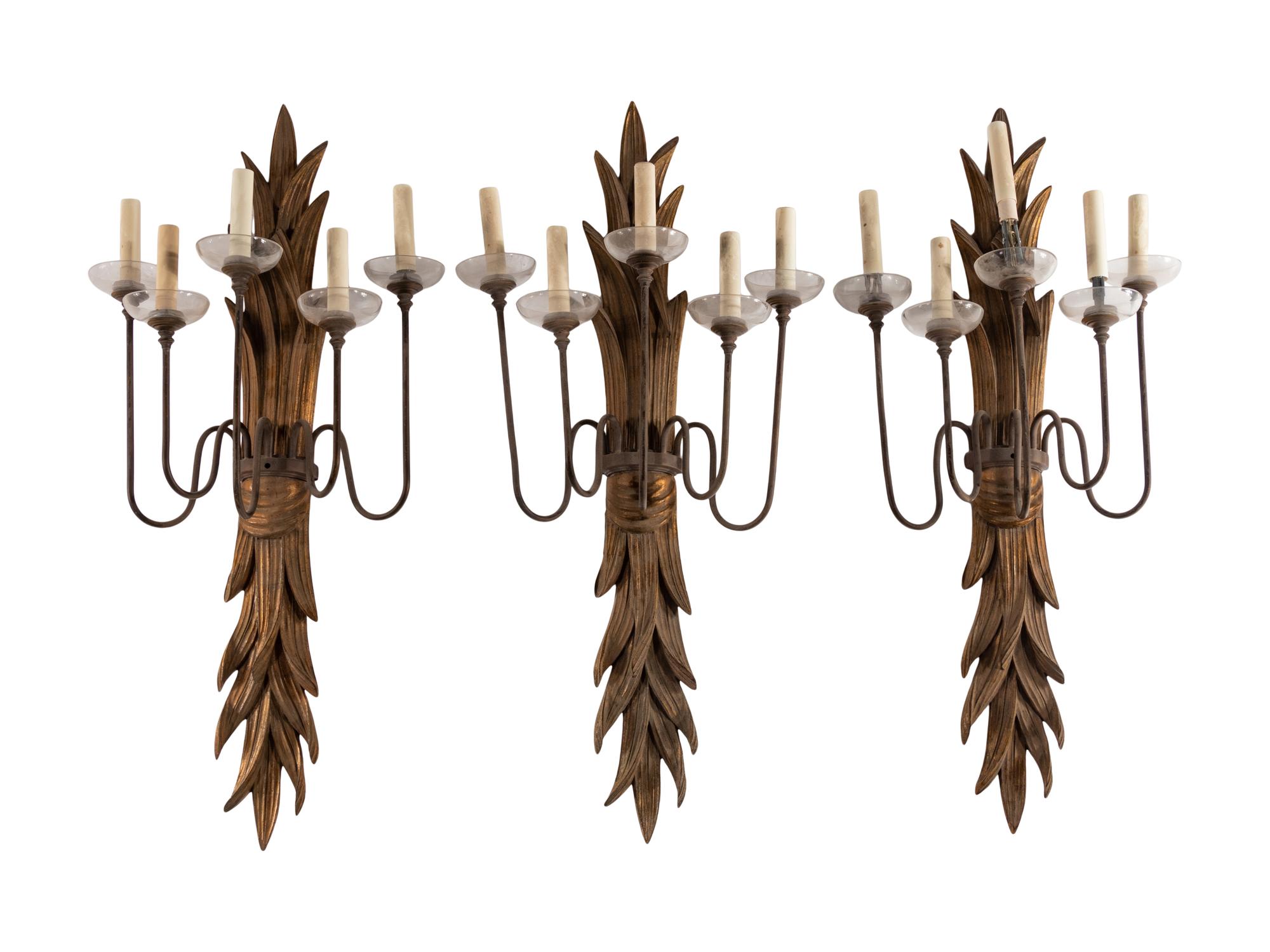A Set of Six Italian Giltwood Five-Light Sconces