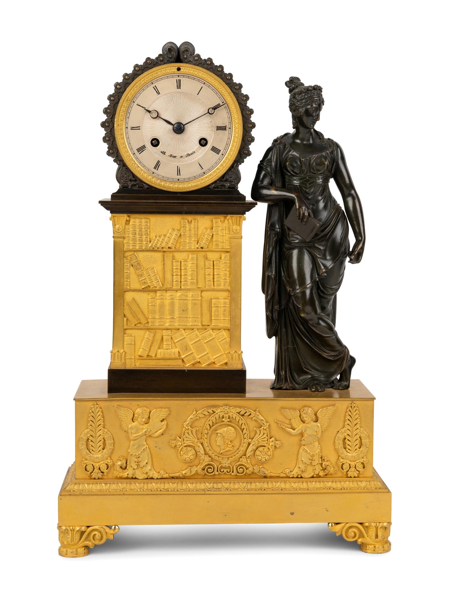 A French Gilt and Patinated Bronze Figural Mantel Clock